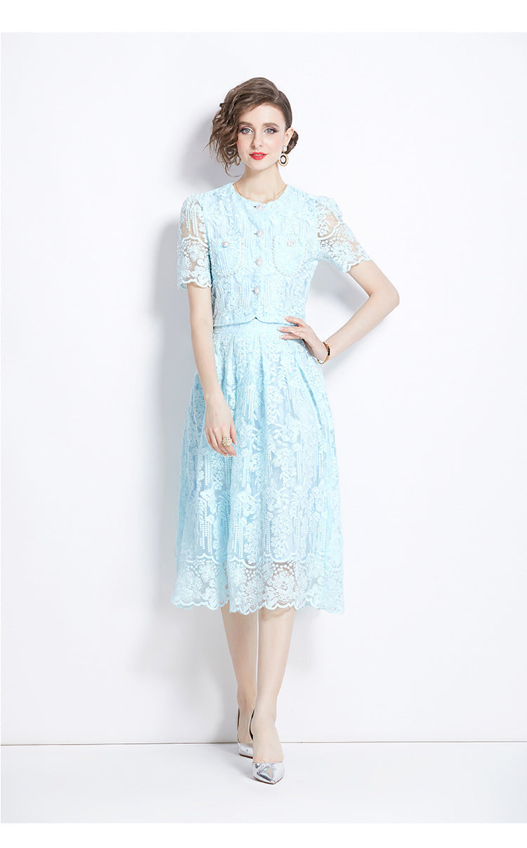 Embroidered French Lace Single Breasted Blouse and Skirt Two Piece Sky Blue Set - 791563752383_BAS
