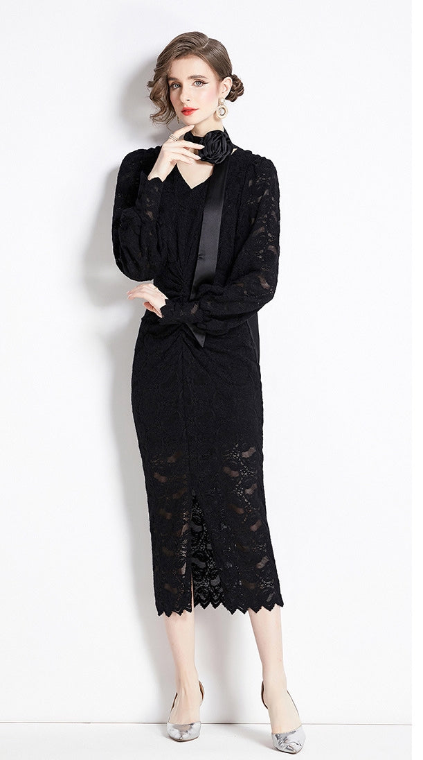 French Lace Long Sleeve V Neck Front Slit Body-fit Dress With Rose Belt - 750531237798_BLA