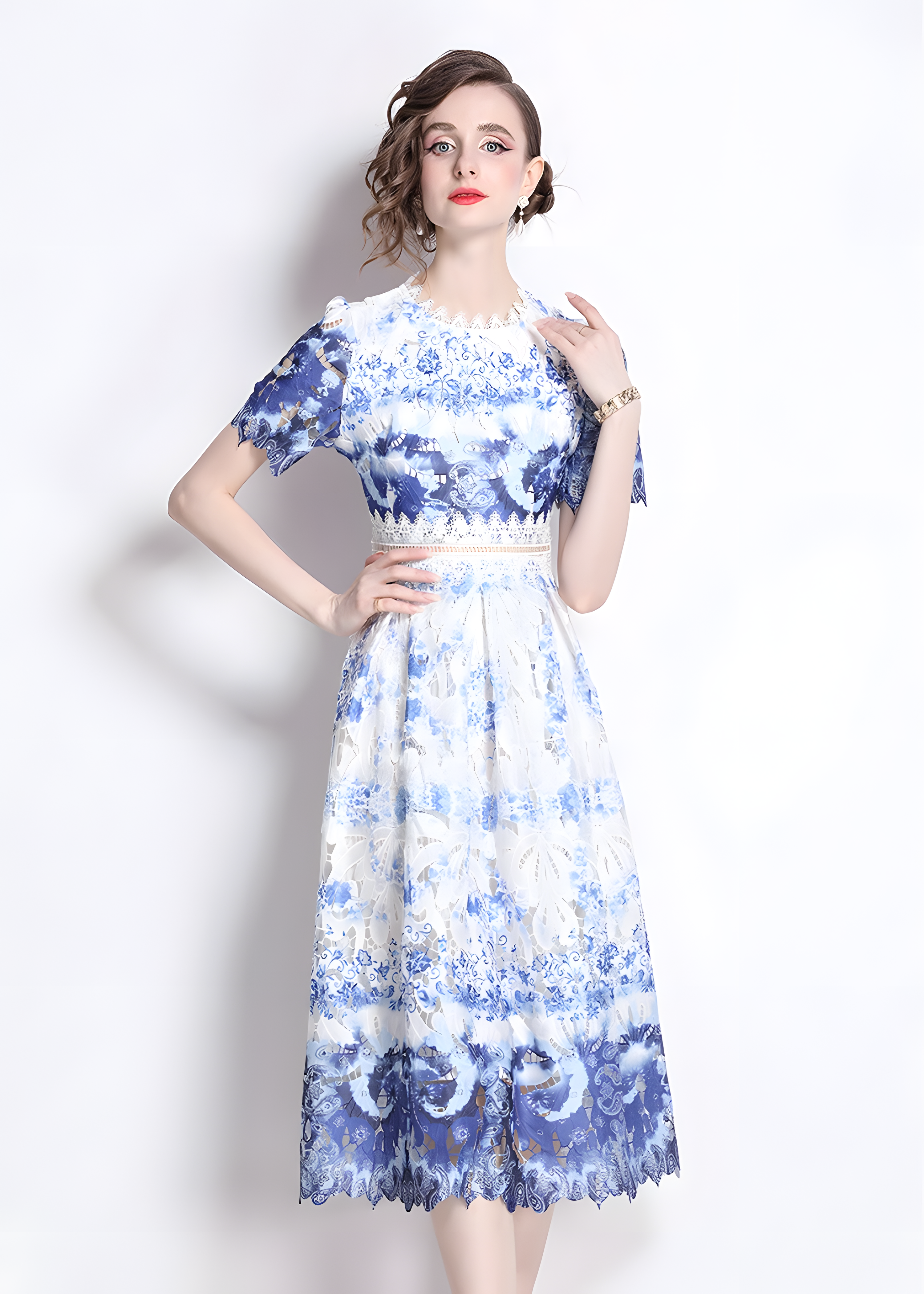French Printed Flower Lace Jewel Neckline Retro Dress - 795242988743_BAS