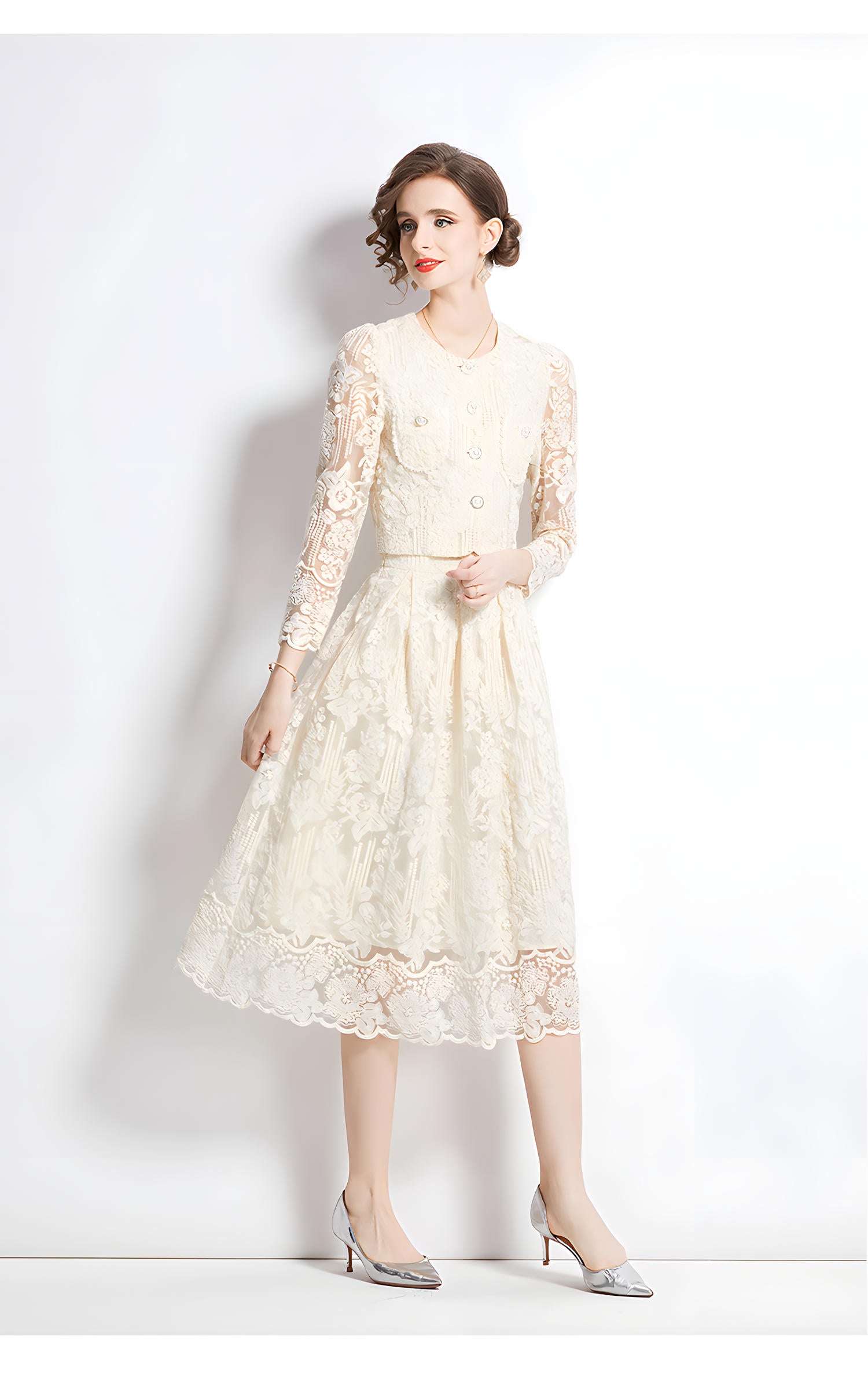 Embroidered French Lace Single Breasted Full Sleeve Blouse and Skirt Two Piece Set - 8566 #607_WHITE