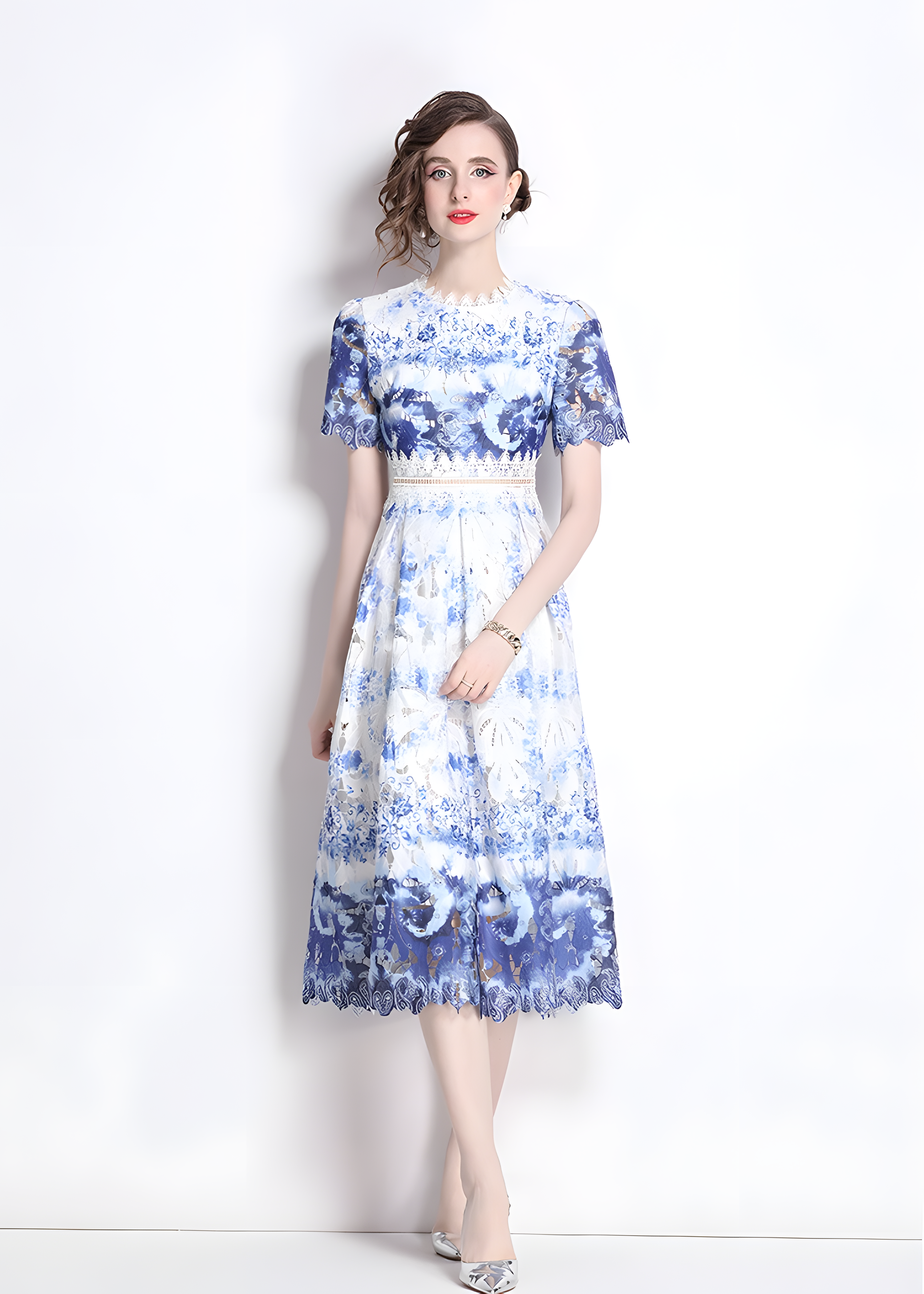 French Printed Flower Lace Jewel Neckline Retro Dress - 795242988743_BAS