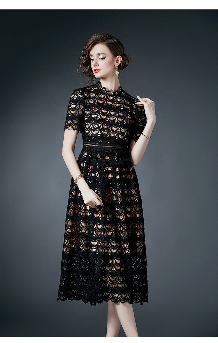 French Crocheted Lace Round Neck A - Line Black Dress - 780697439219