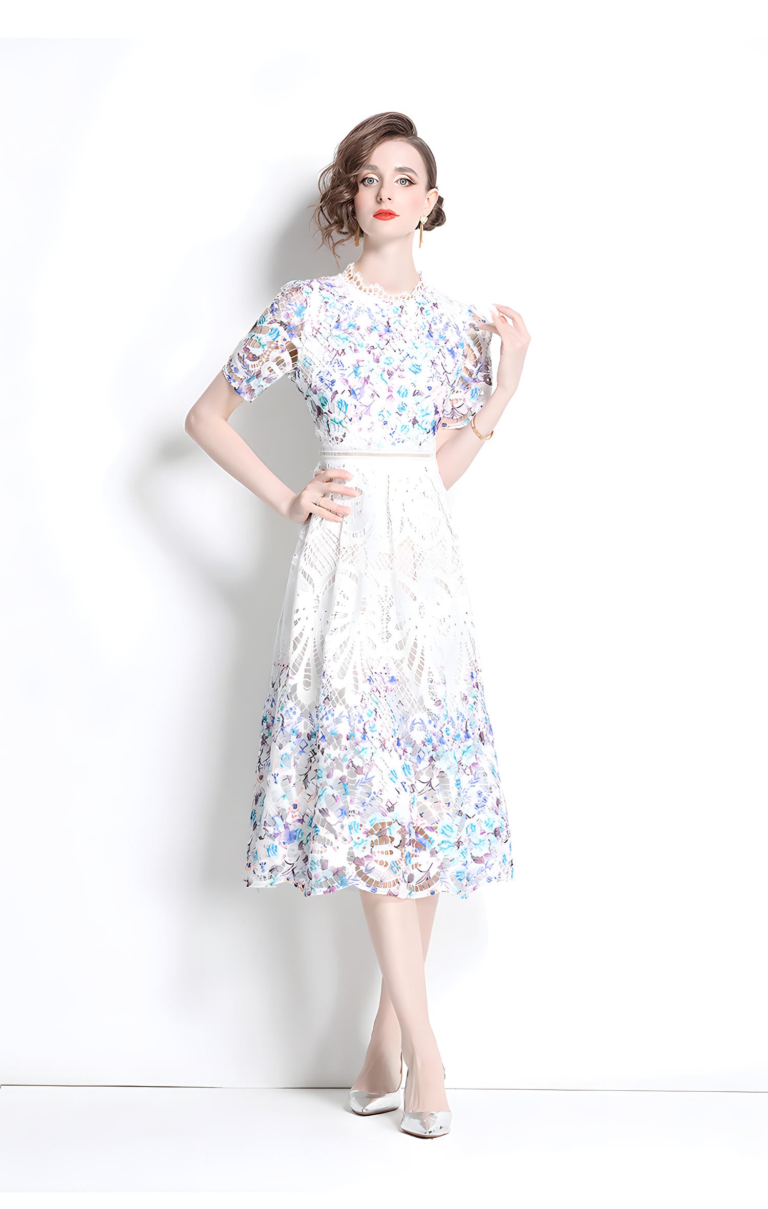 Printed Flower French Lace Jewel Neckline Dress - 800142260923_BAS