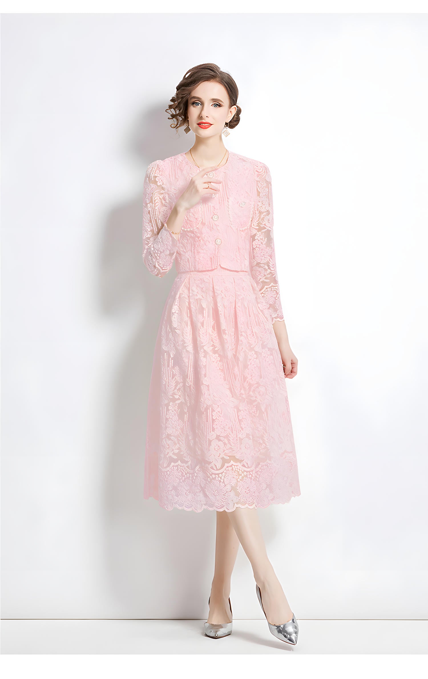 Embroidered French Lace Single Breasted Full Sleeve Blouse and Skirt Two Piece Set - 8566 #607_PINK (EOSS)