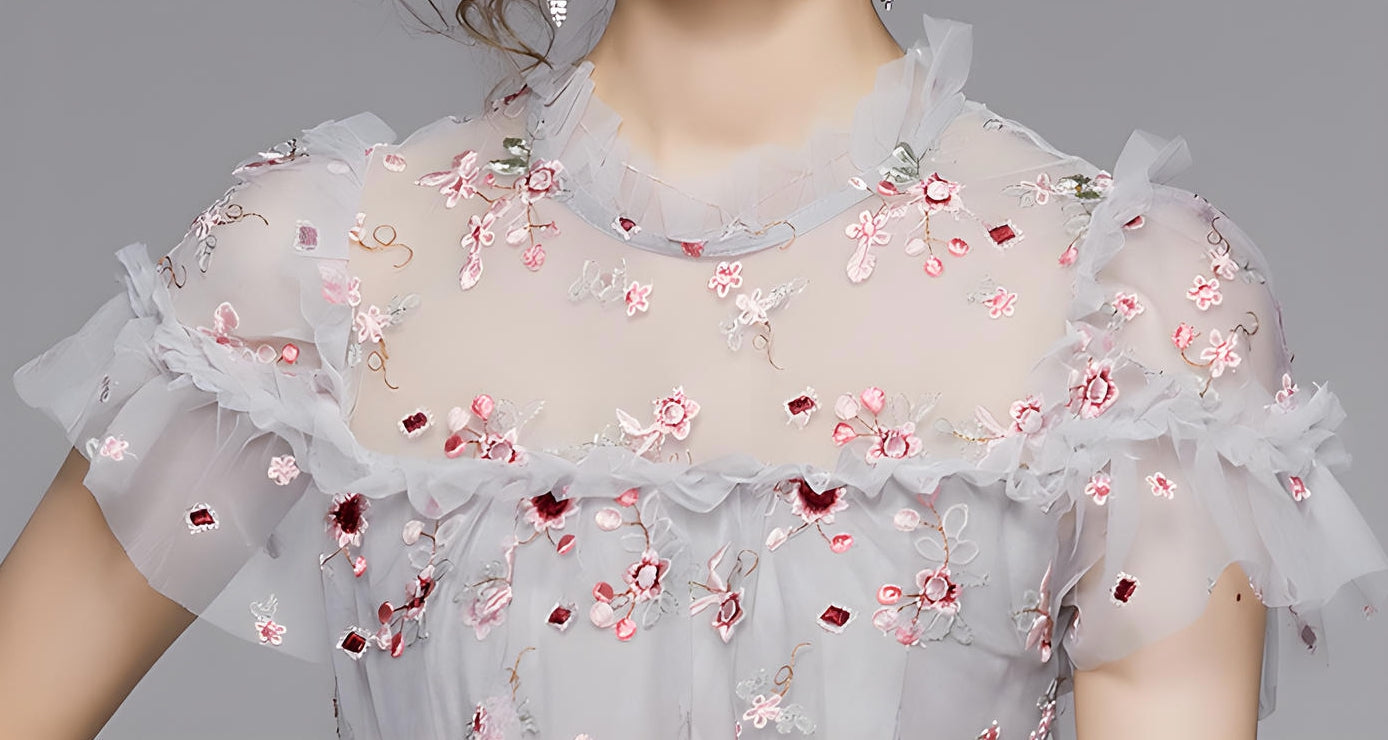 Embroidered Mesh Multitier Ruffled Skirt High Neck Long Grey Blue Dres - 700942841038_BAS