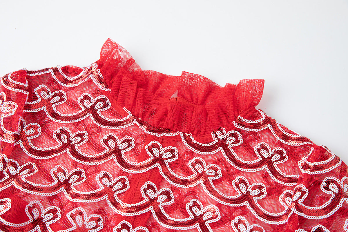 Crimson Symphony Mesh and Sequin Dress - 852089082902_RED