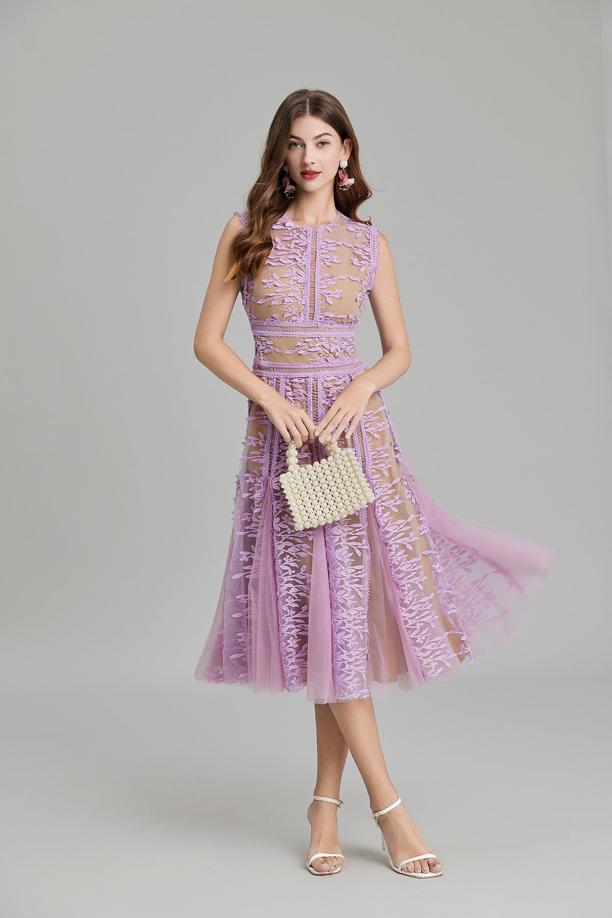 Lavender Mist Lace Flocked Midi Dress with Nude Lining - 823734853765_PUR