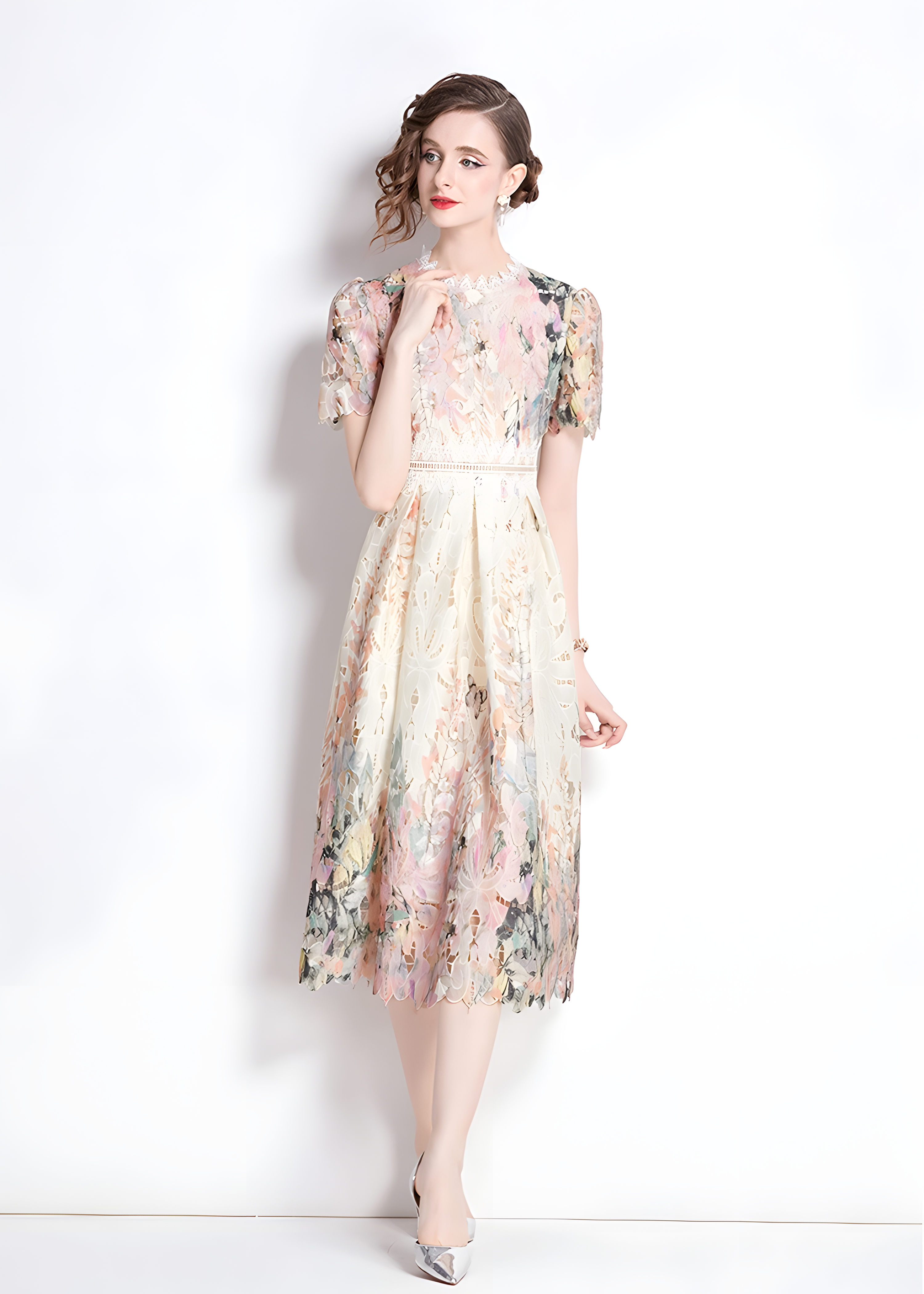 French Printed Flower Lace Jewel Neckline Retro Dress - 795247212577_BAS