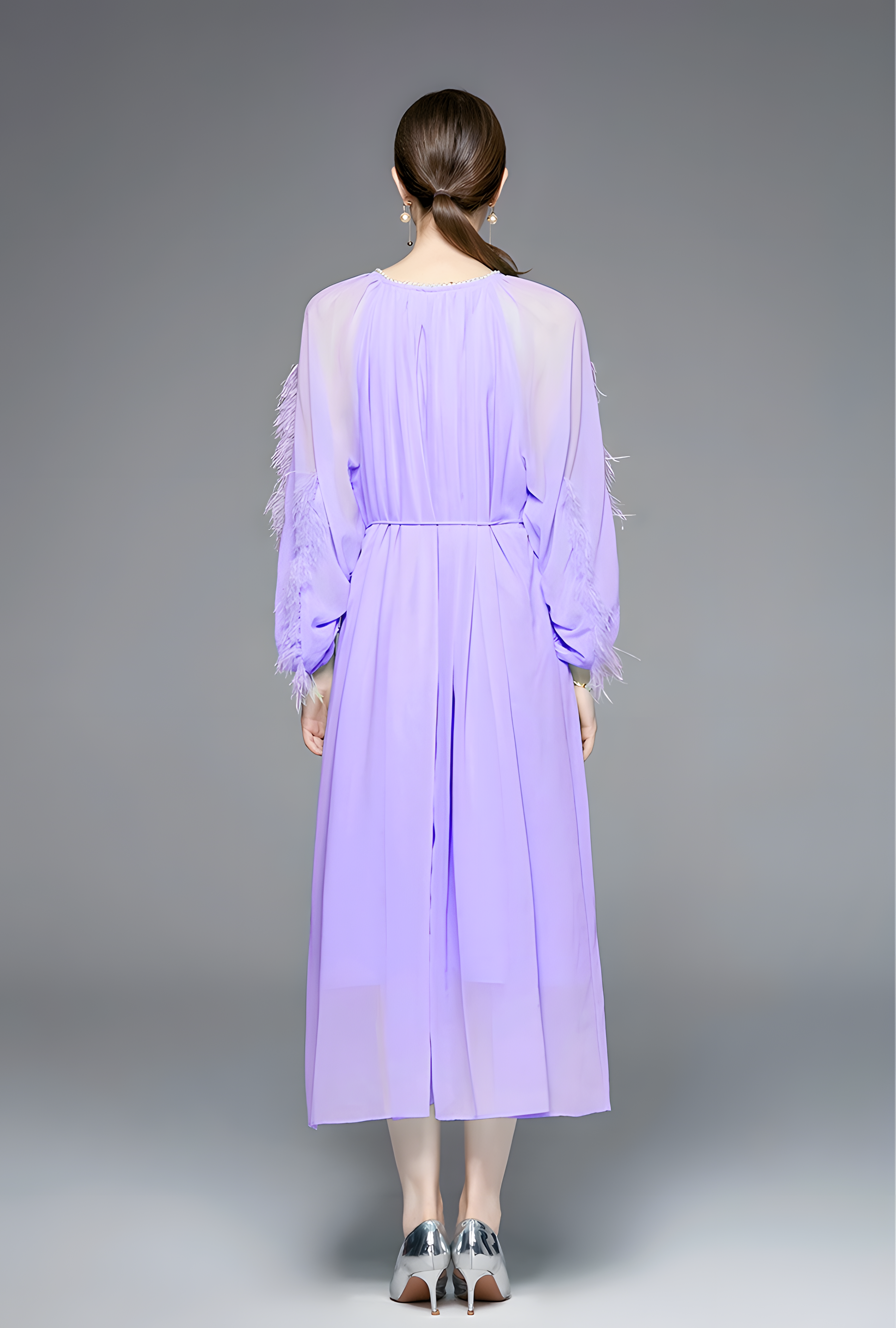 Lavender Dress with Feather-Embellished Sleeves and Pearl-Embellished Neckline - 800342769079_VIO