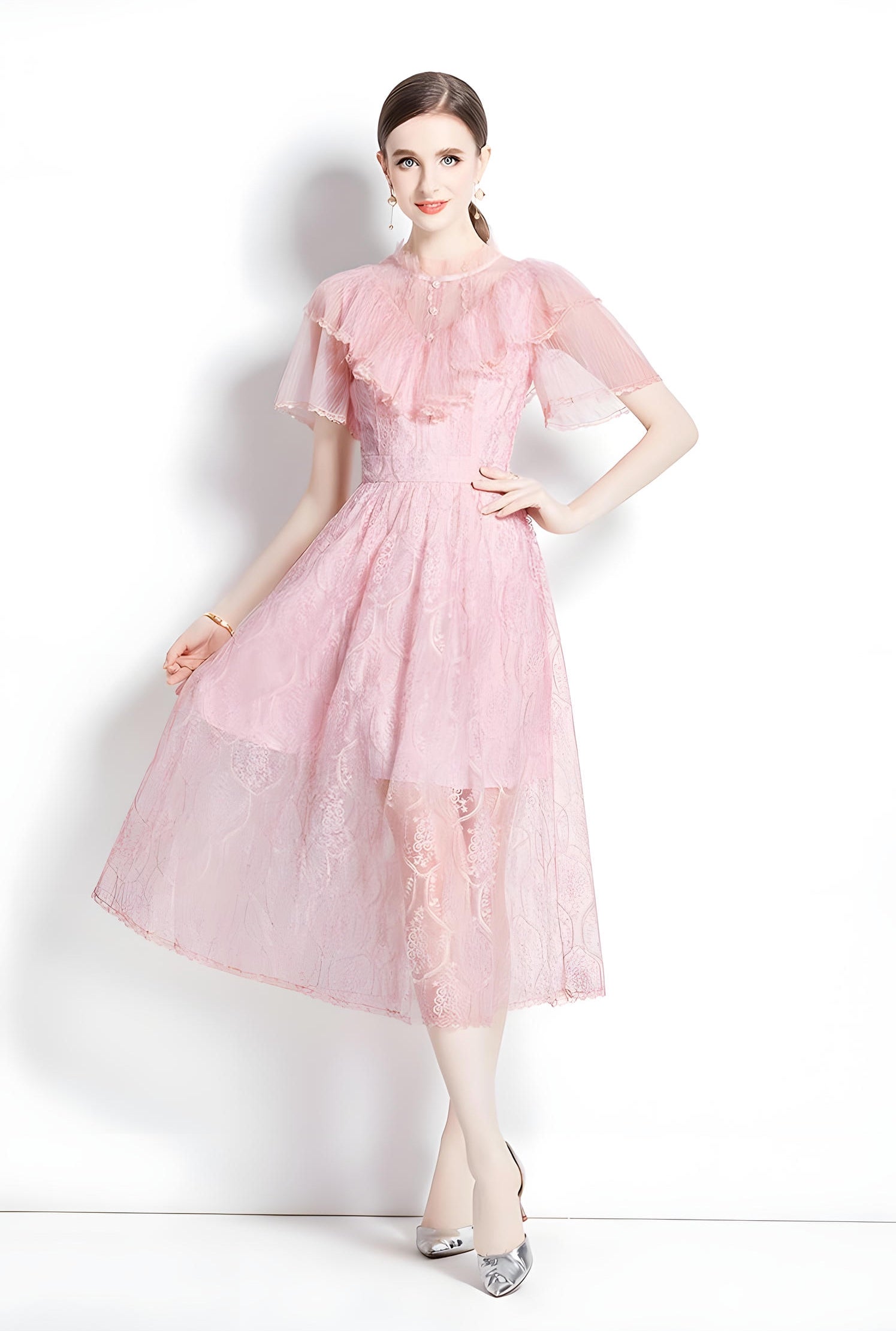 Embroidered French Lace Ruffled Vest High Neck Soft Pink Neck Dress - 728916375940_BAS