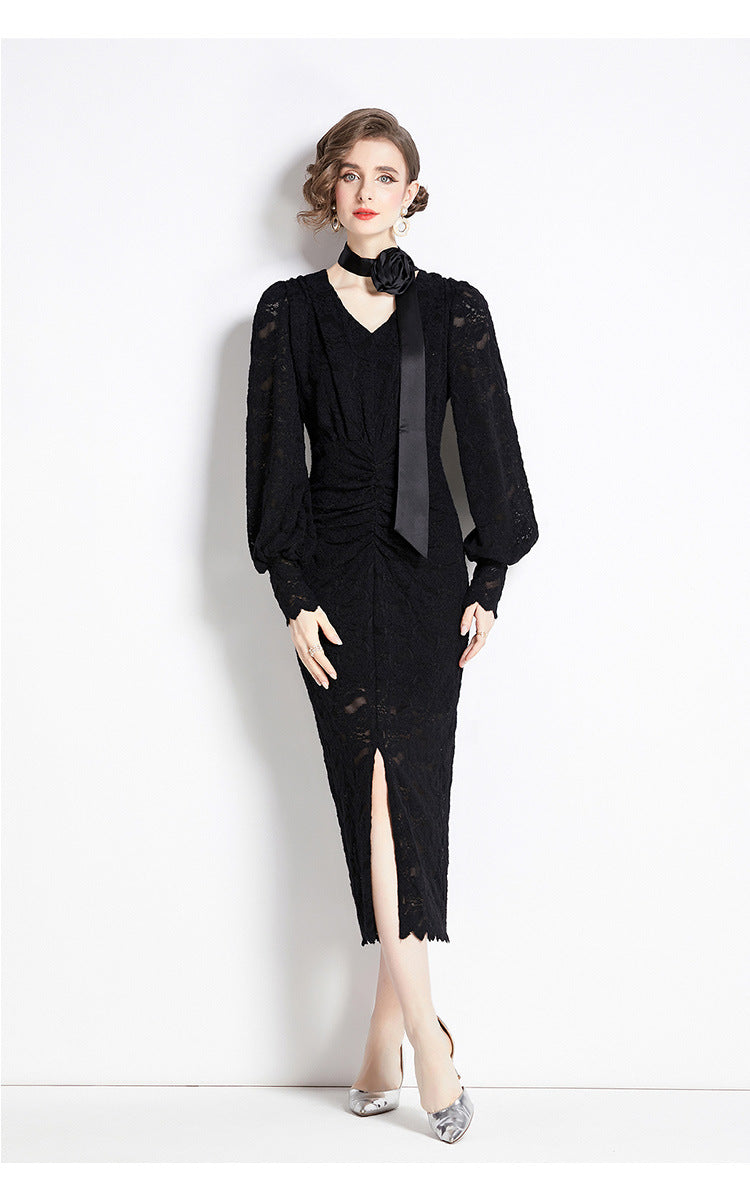 French Lace Long Sleeve V Neck Front Slit Body-fit Dress With Rose Belt - 750531237798_BLA