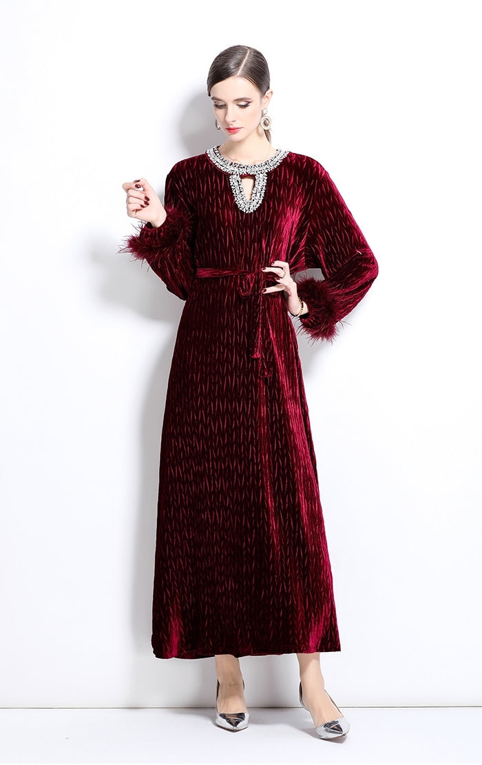 Diamond Embellished Heat Set Self Texture Velvet Dress - 855961209321_CLARET
