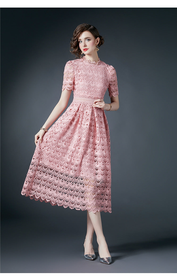 French Crocheted Lace Round Neck A - Line Pink Dress - 780758588212