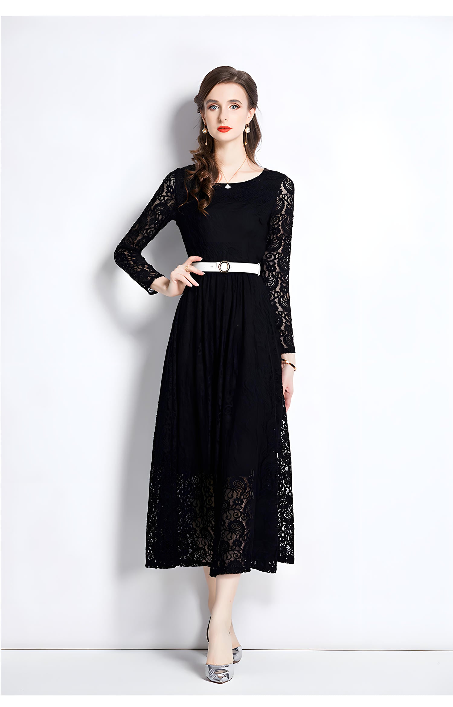 French Lace Long Sleeve Round Neck Long Dress With Belt - 751304773250
