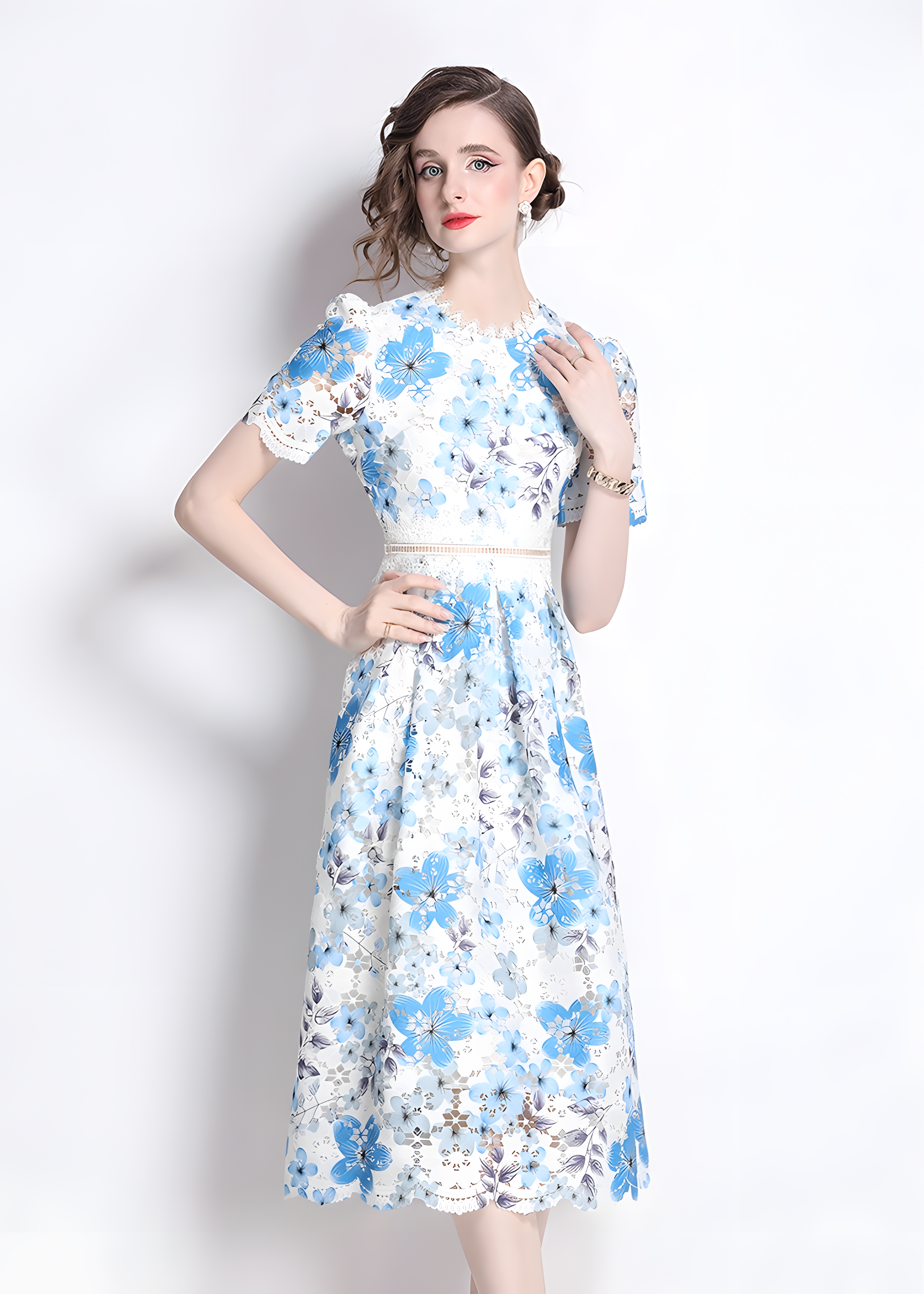 French Printed Flower Lace Jewel Neckline Retro Dress - 795245132736_BAS