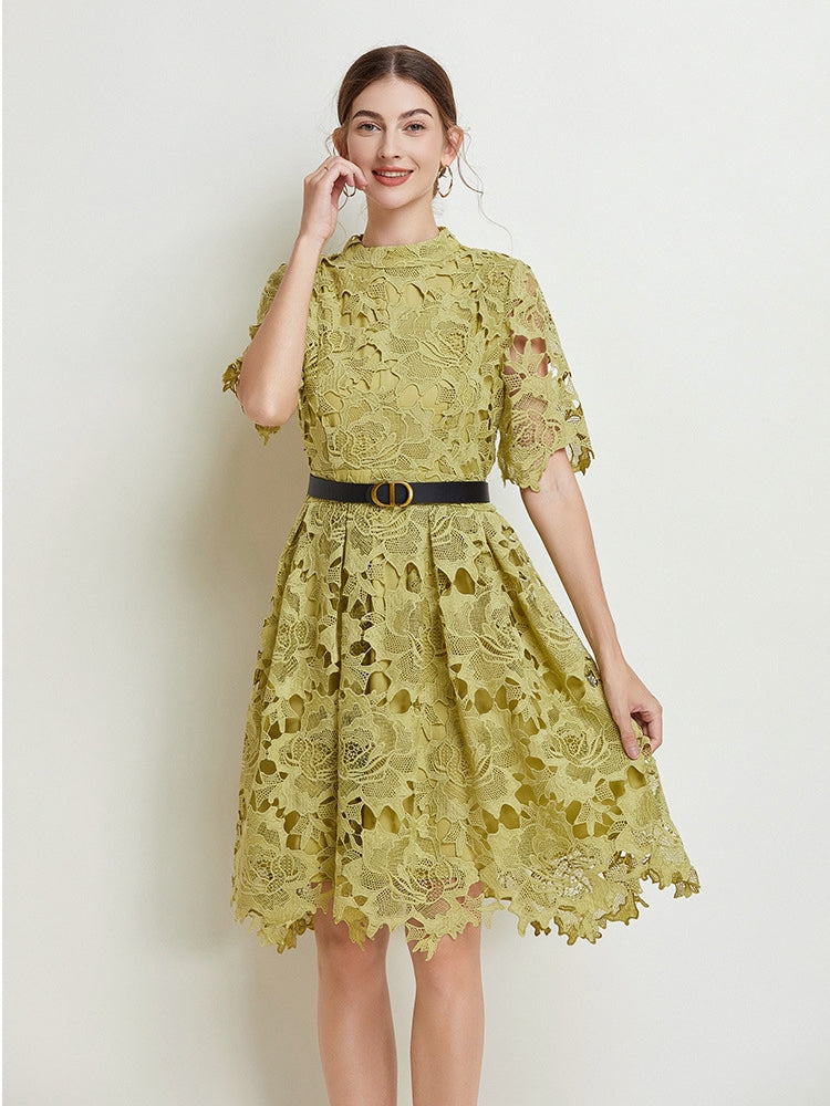 French Lace high Neck Short Dress With Belt - 812368811391_GRE