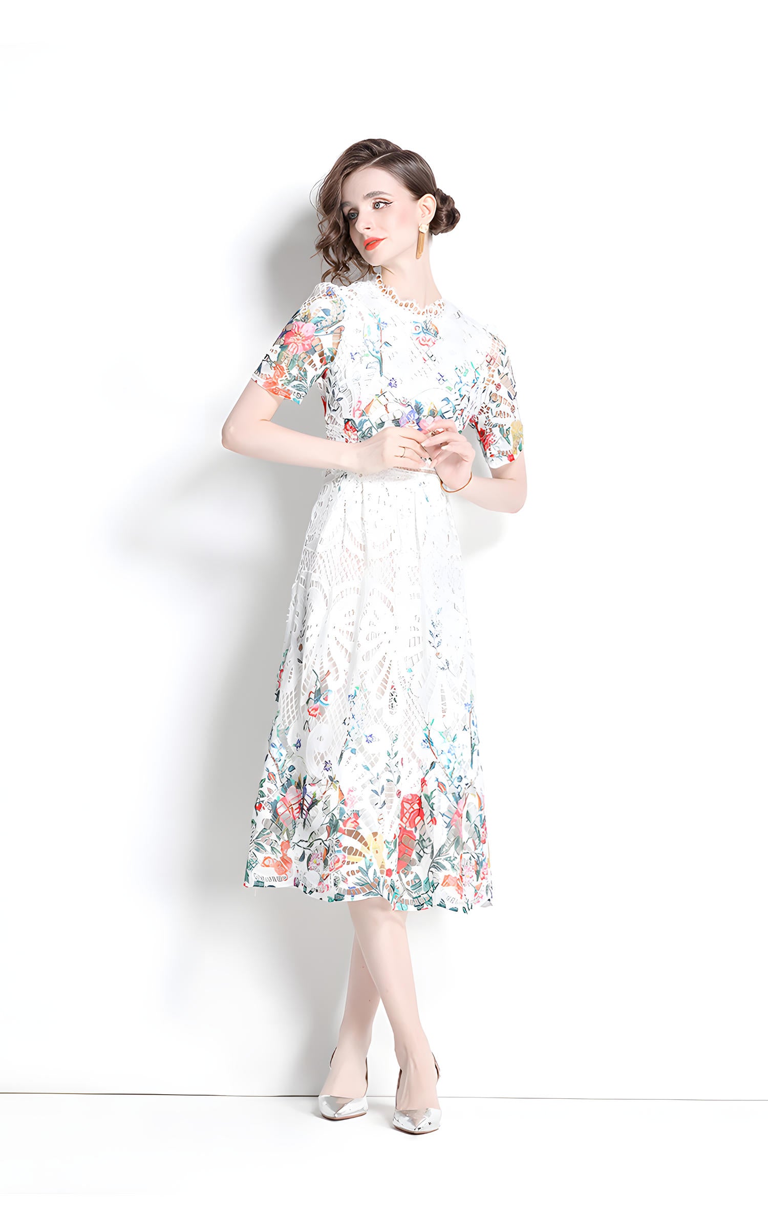 Printed Flower French Lace Jewel Neckline Dress - 802164123981_BAS