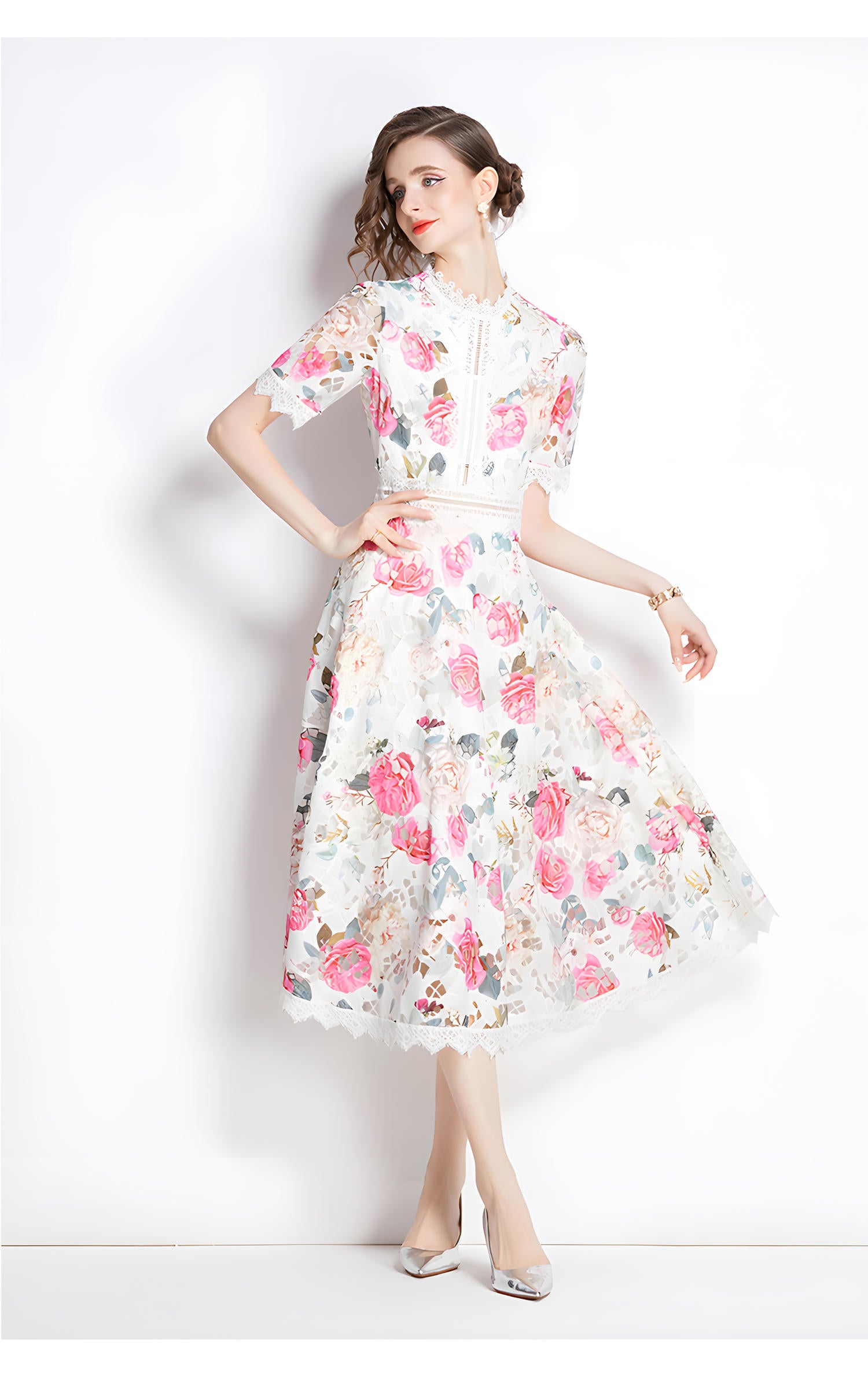 French Printed Flower Lace Jewel Neckline Retro Dress - 795039331524_BAS