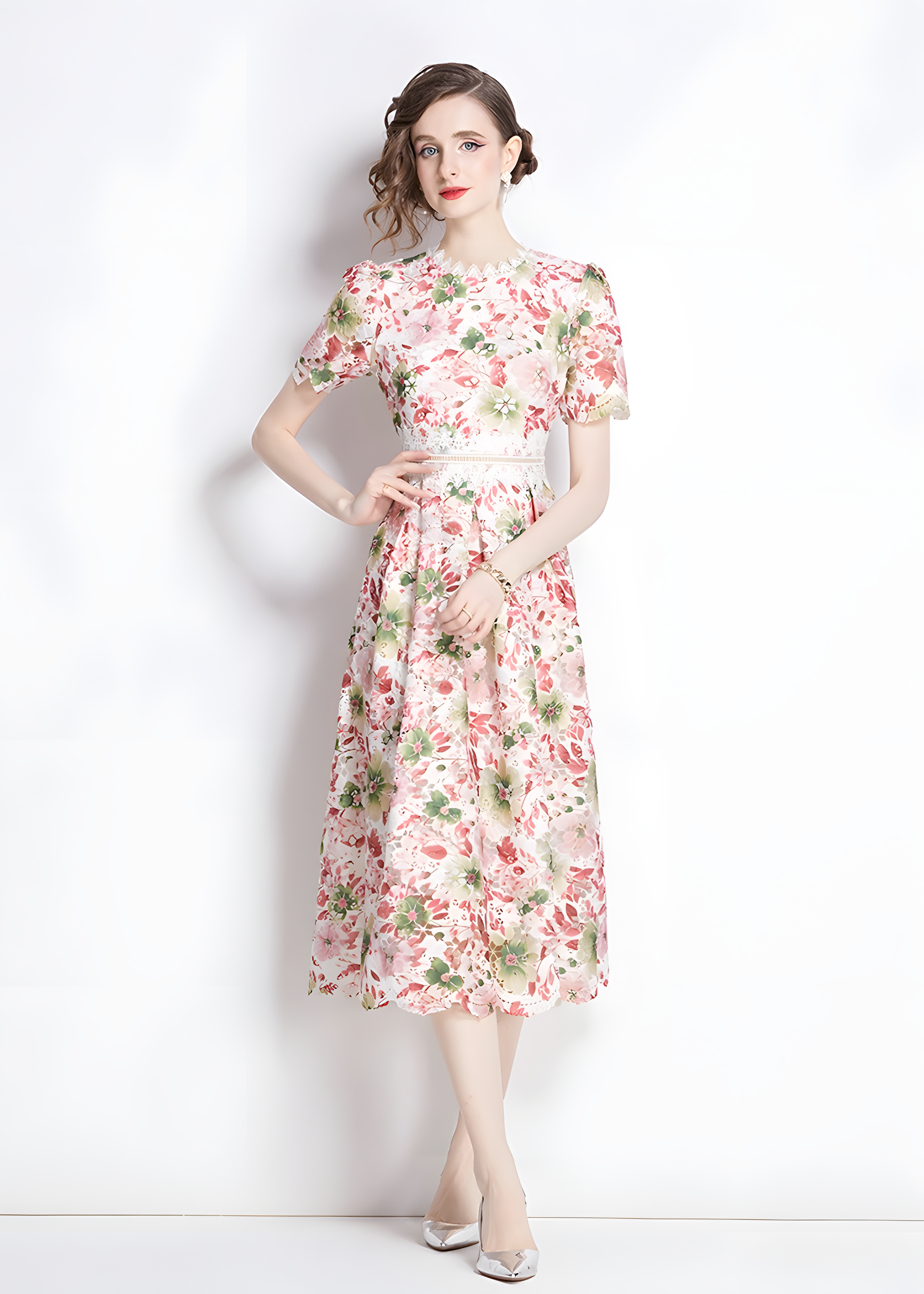 French Printed Flower Lace Jewel Neckline Retro Dress - 795256872065_BAS