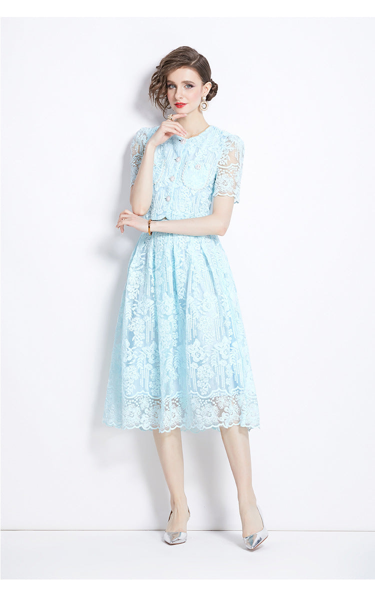 Embroidered French Lace Single Breasted Blouse and Skirt Two Piece Sky Blue Set - 791563752383_BAS