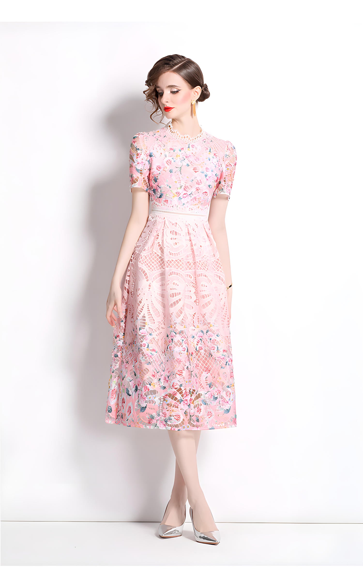 Printed Flower French Lace Jewel Neckline Dress - 802268282091_BAS