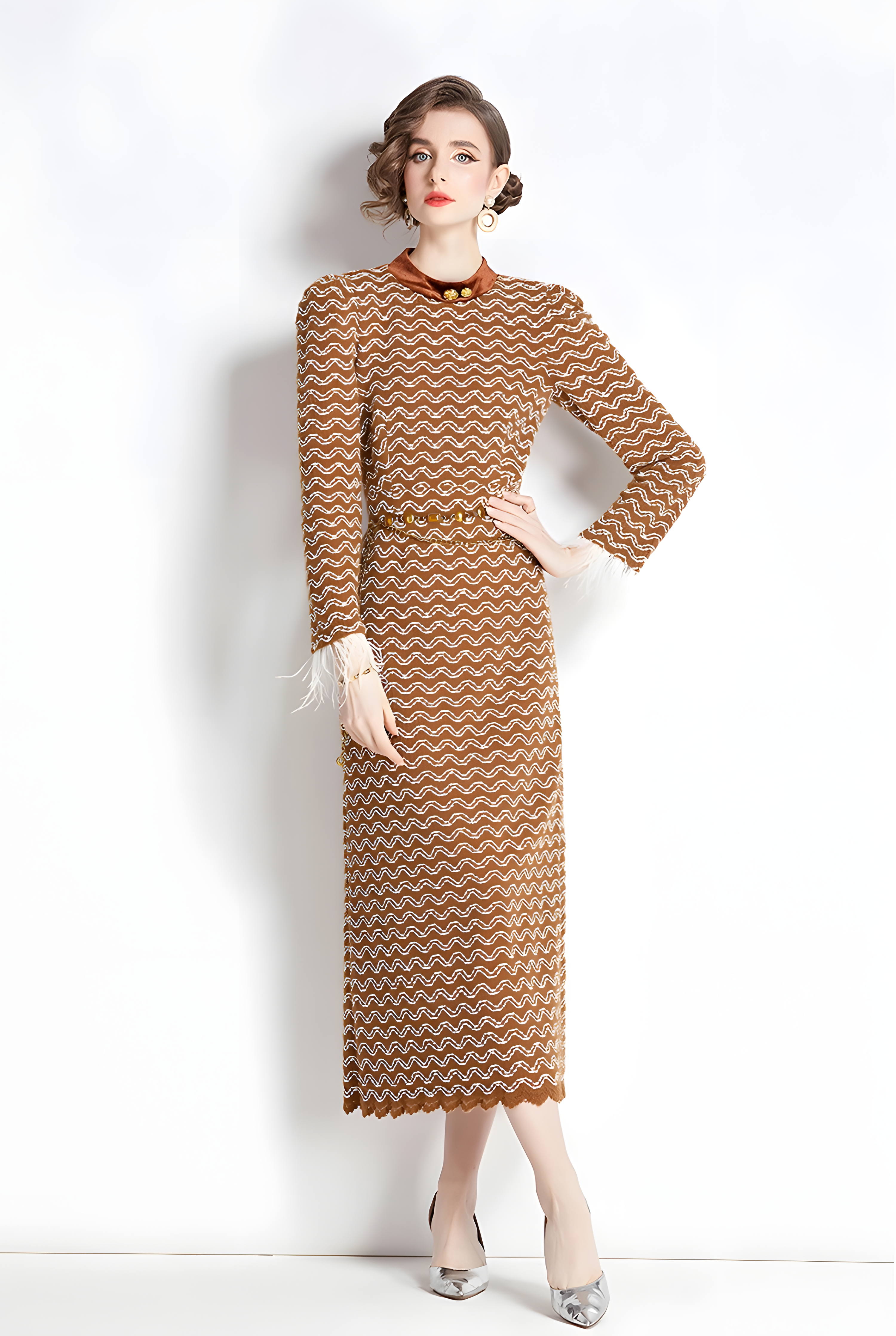 Feather Stitched Full Sleeves Thickened Fabric High Neck Body-fit Dress With Waist Chain - 750531053744_KHA