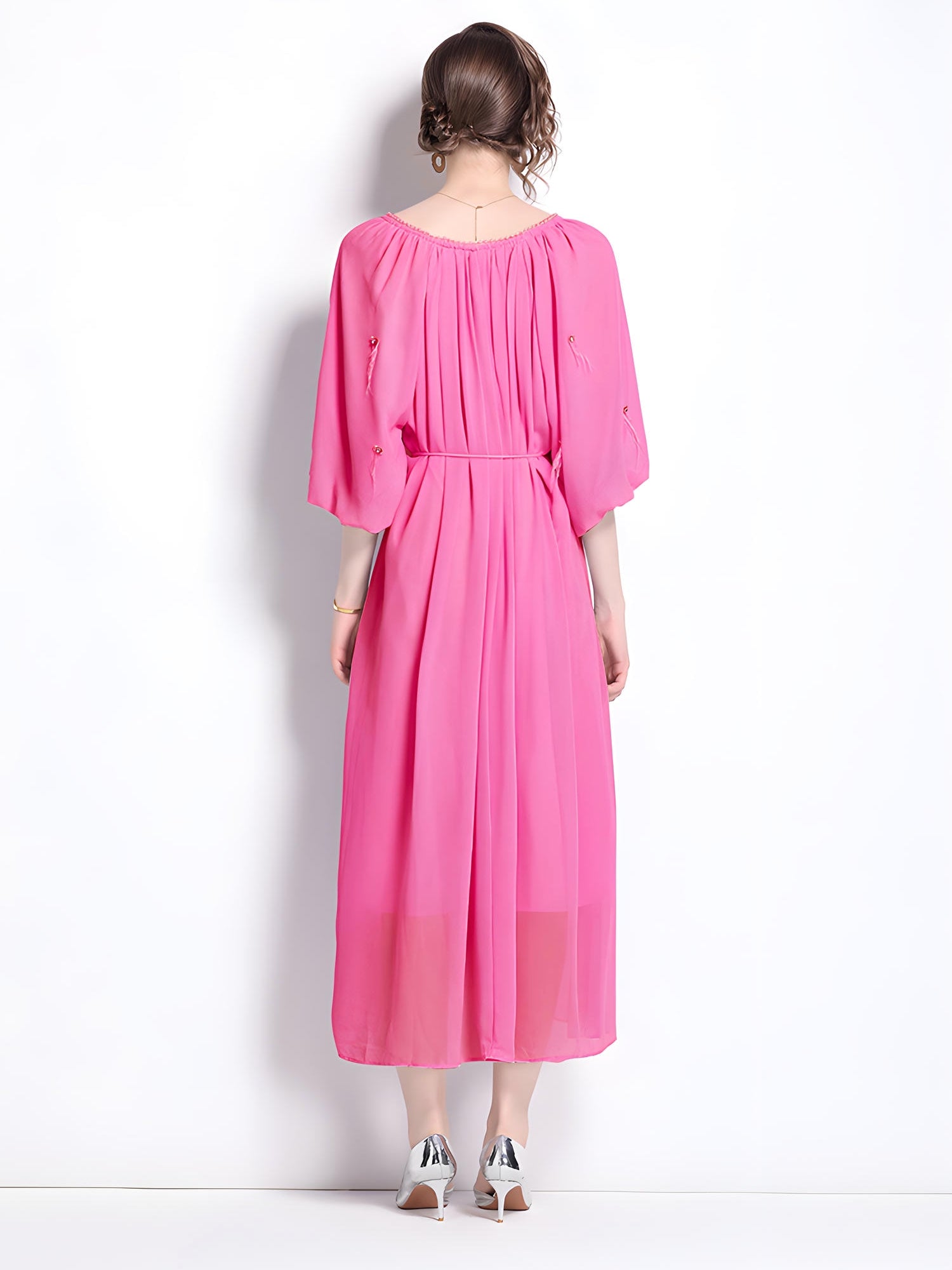 Tassel and Jewel Embellished Rose Red Chiffon Dress - 808431656493_ROS