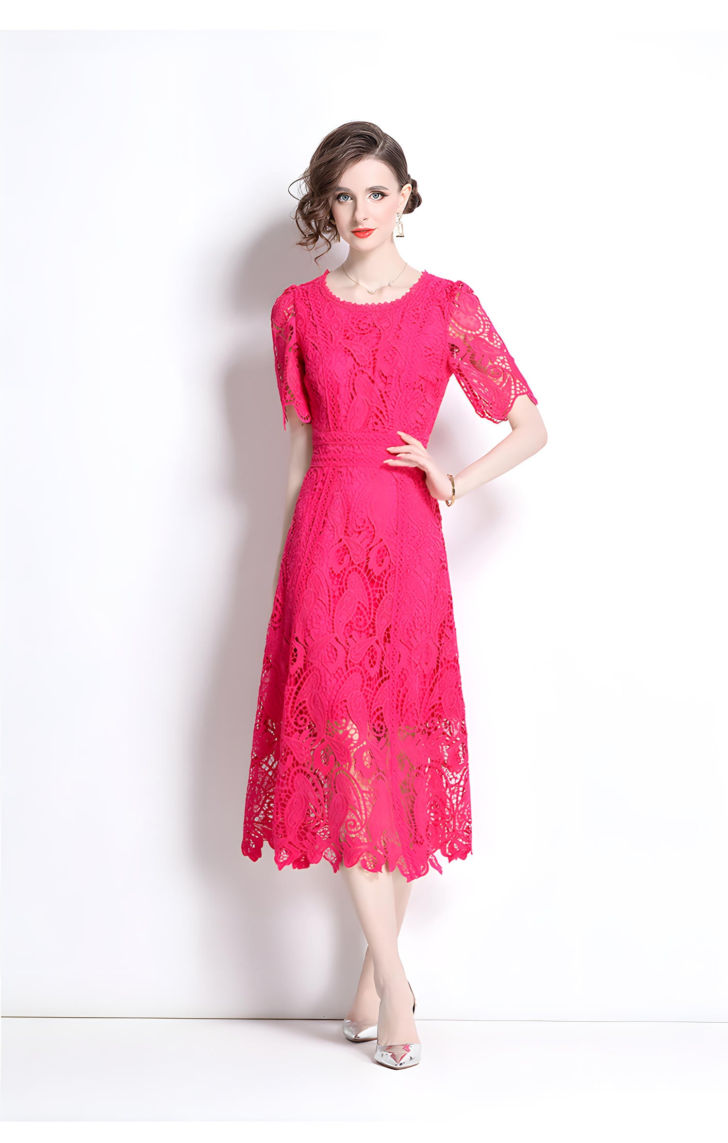 Crew Neck French Lace Rose Red Dress - 799906103340_BAS