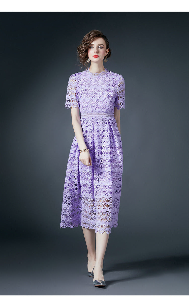 French Crocheted Lace Round Neck A - Line Lavender Dress - 780762721926