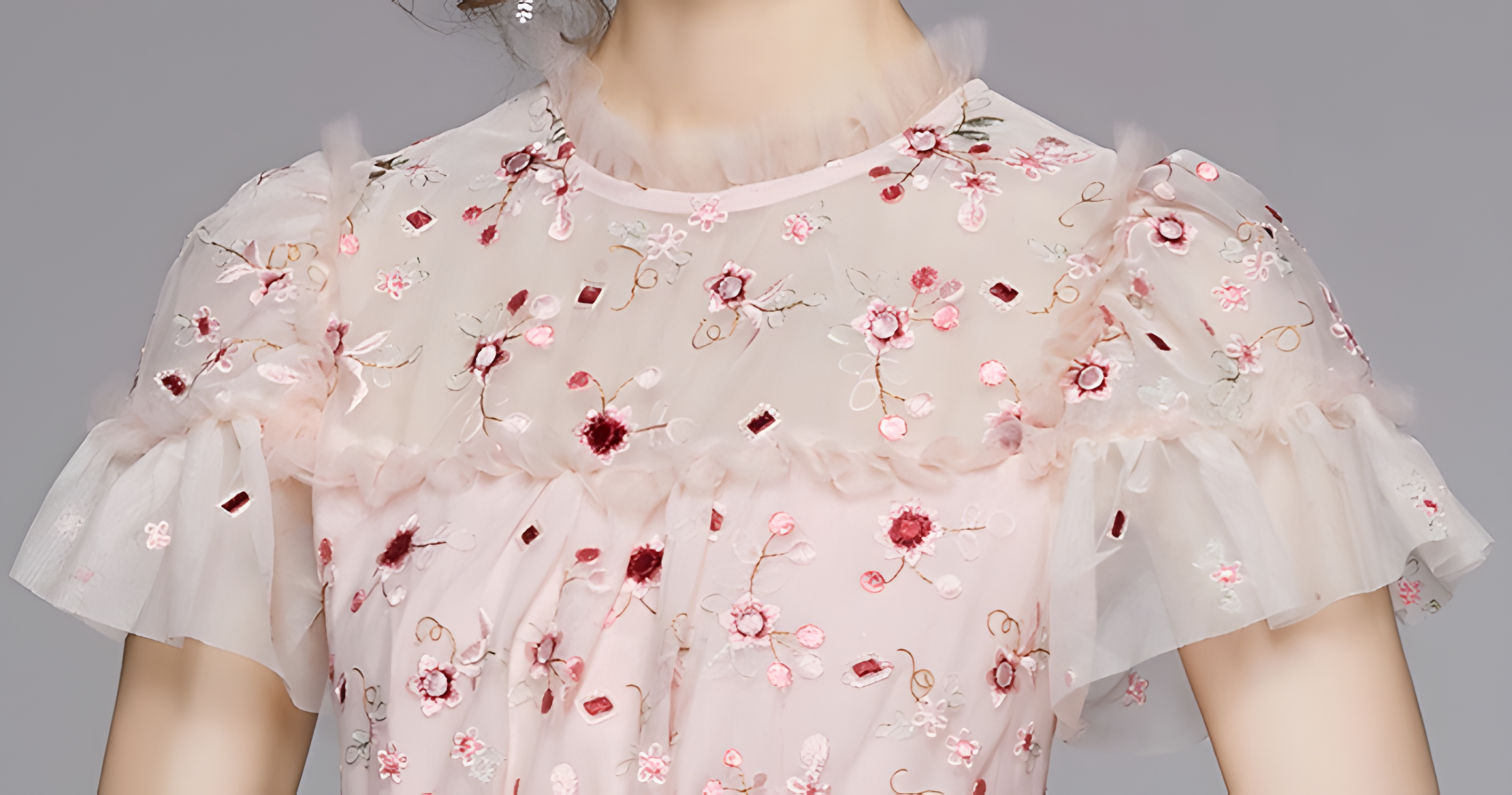 Embroidered Mesh Multitier Ruffled Skirt High Neck Pink Dress - 701166254679_BAS