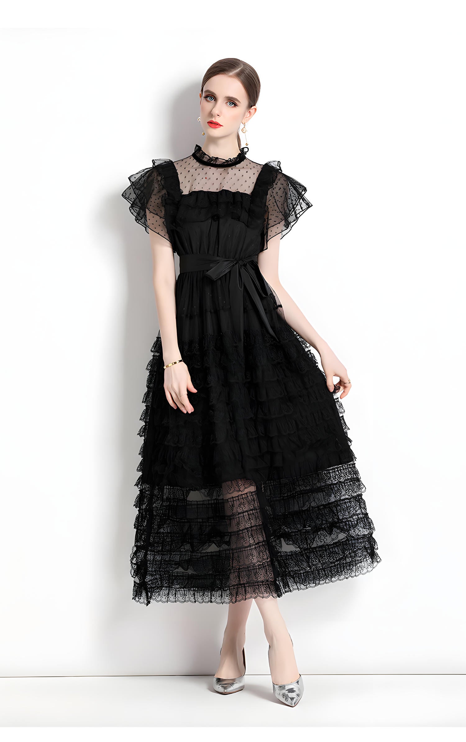 High Neck Polka Dot Mesh Multitier Skirt Elasticated Waist Butterfly Sleeve Black Dress With Satin Belt - 716644450507_BAS