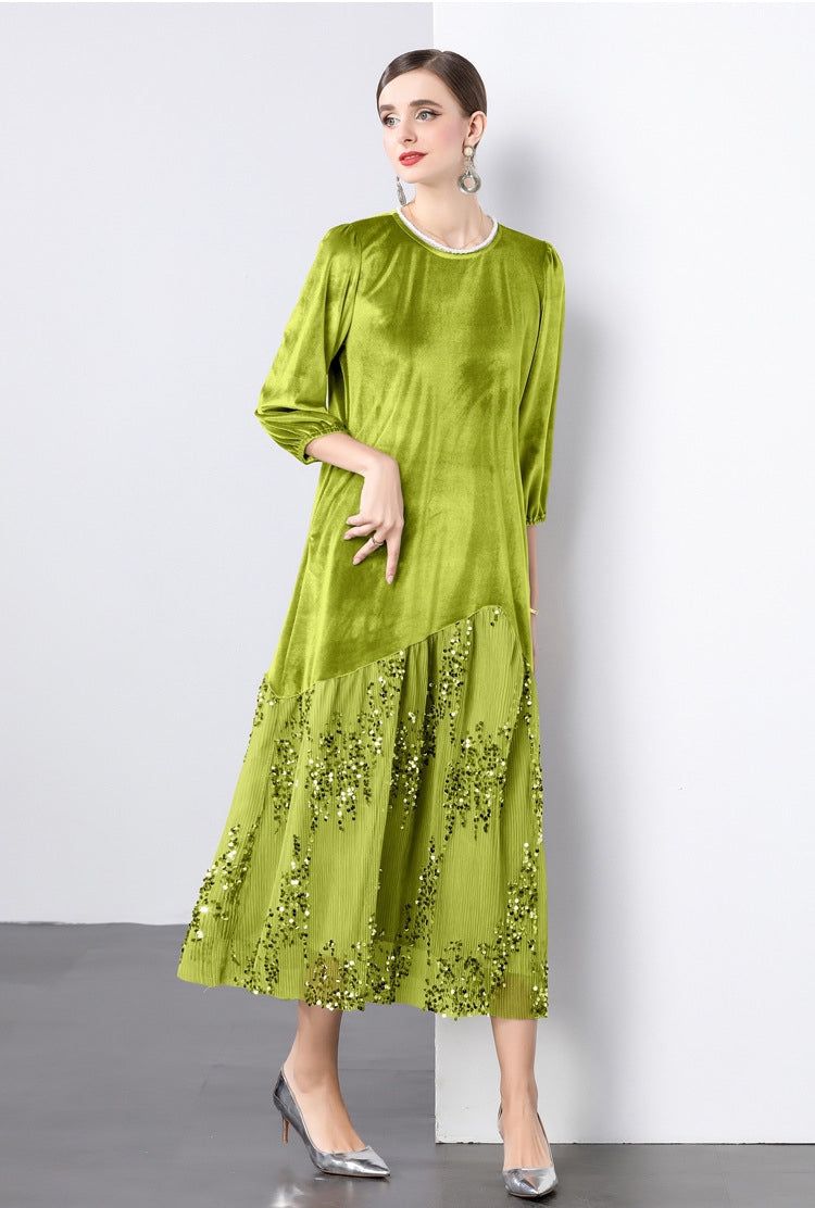 Velvet Mesh and Sequin Embellished Dress - 855932949530_GREEN