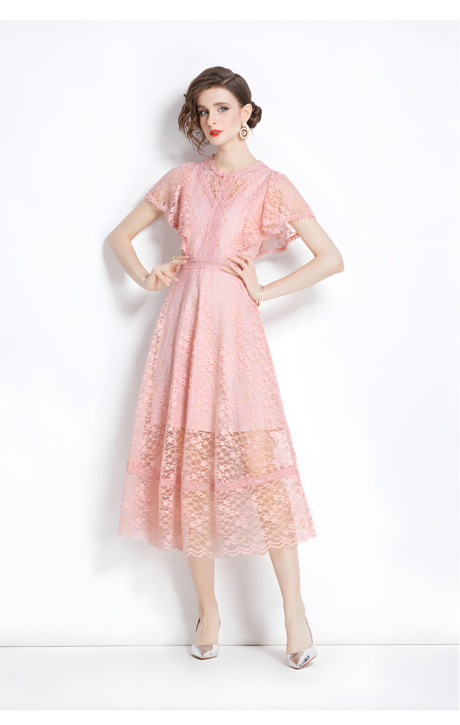 Luxury French Lace Round Neck Butterfly Sleeve Pink Dress - 787276650812