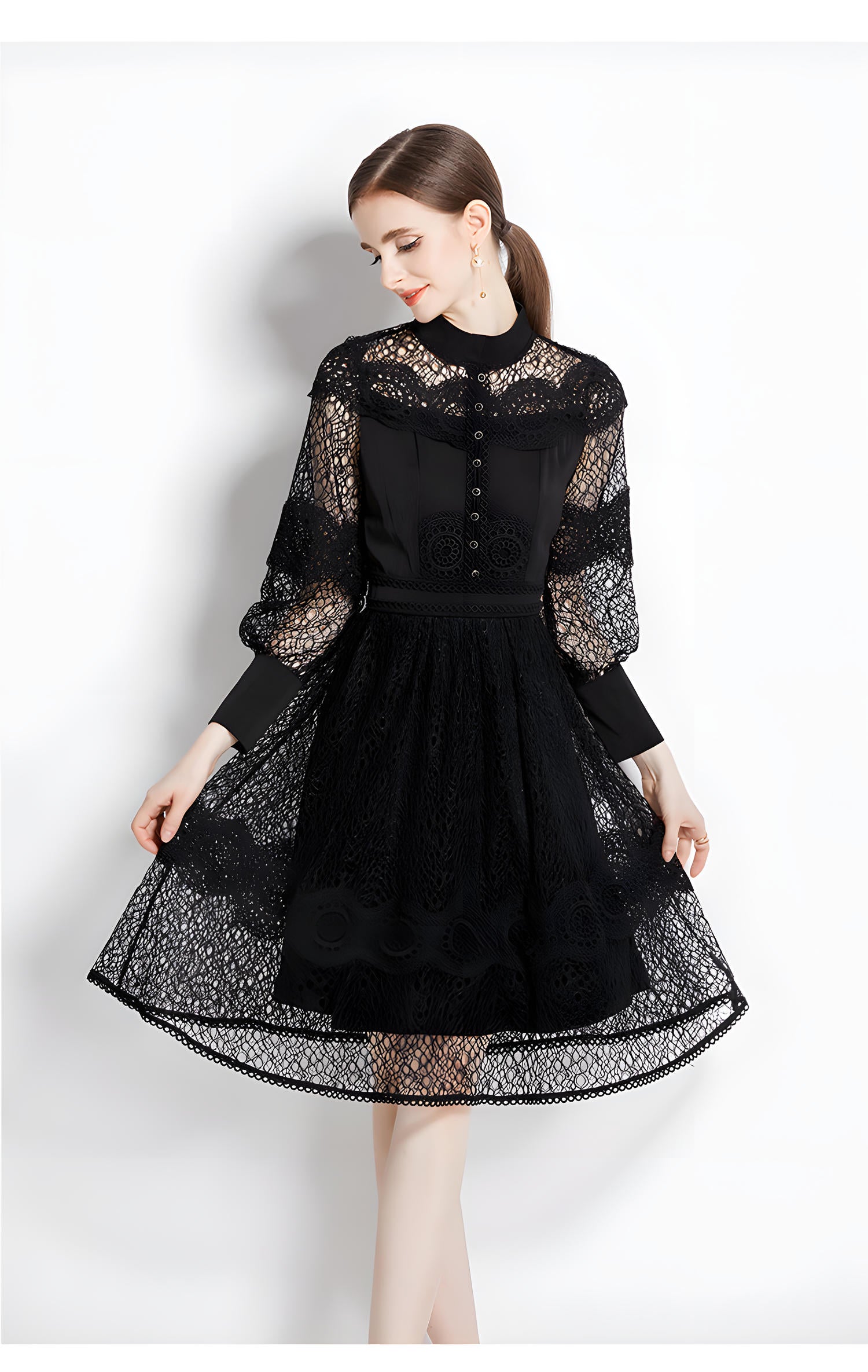 Luxury French Lace High Neck Retro Short Dress - 734561838831