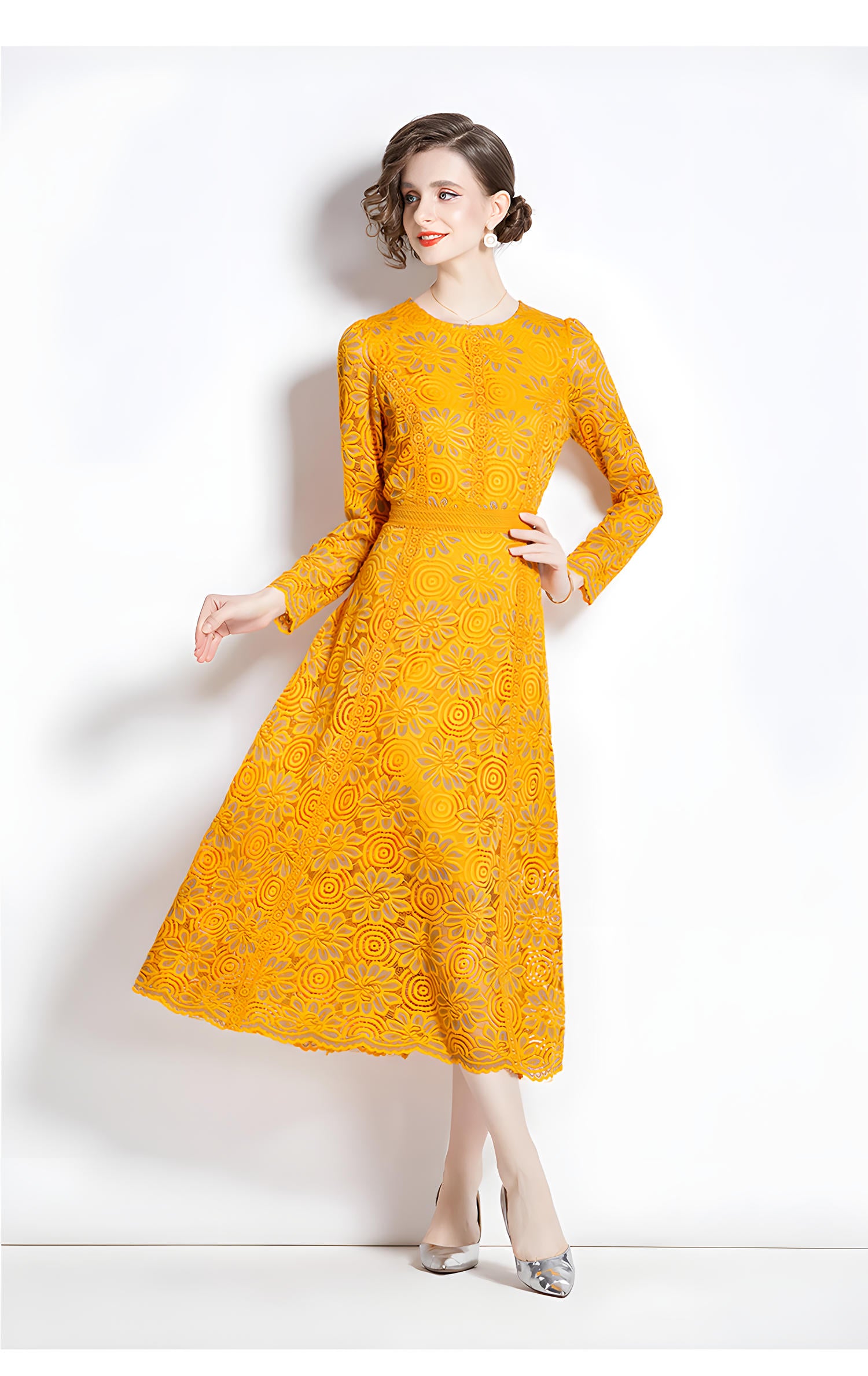 Luxury French Lace Full Sleeve Round Neck Long Dress - 6938#607_YELLOW