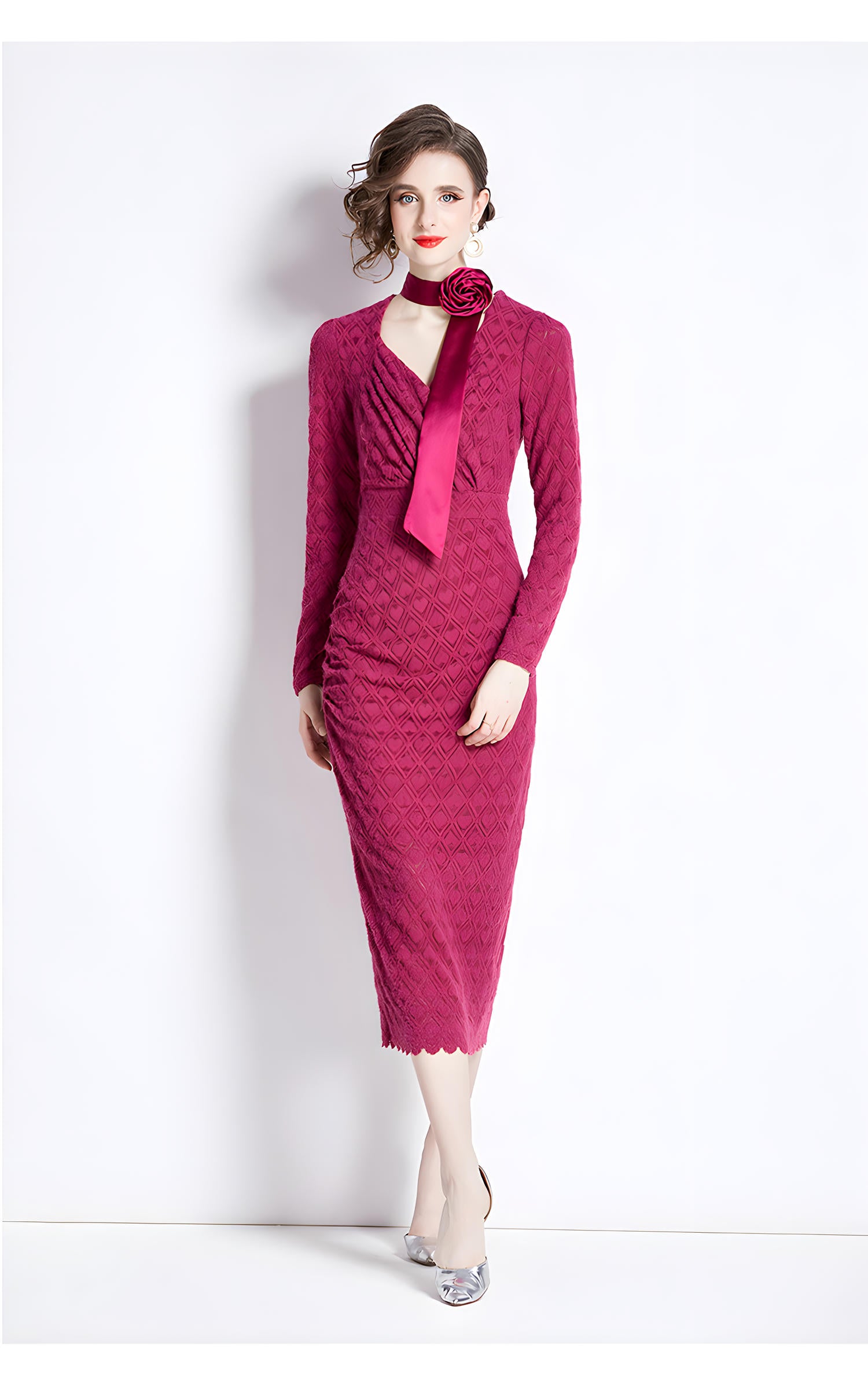 Heart Texture Design Back Split V Neck Rose Red Body-fit Dress With Rose Belt - 755217051926_ROS