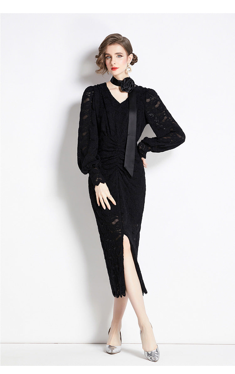 French Lace Long Sleeve V Neck Front Slit Body-fit Dress With Rose Belt - 750531237798_BLA