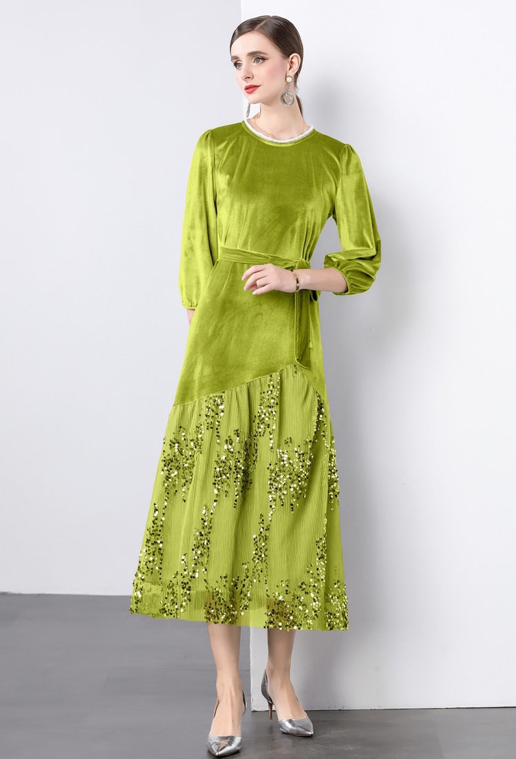 Velvet Mesh and Sequin Embellished Dress - 855932949530_GREEN