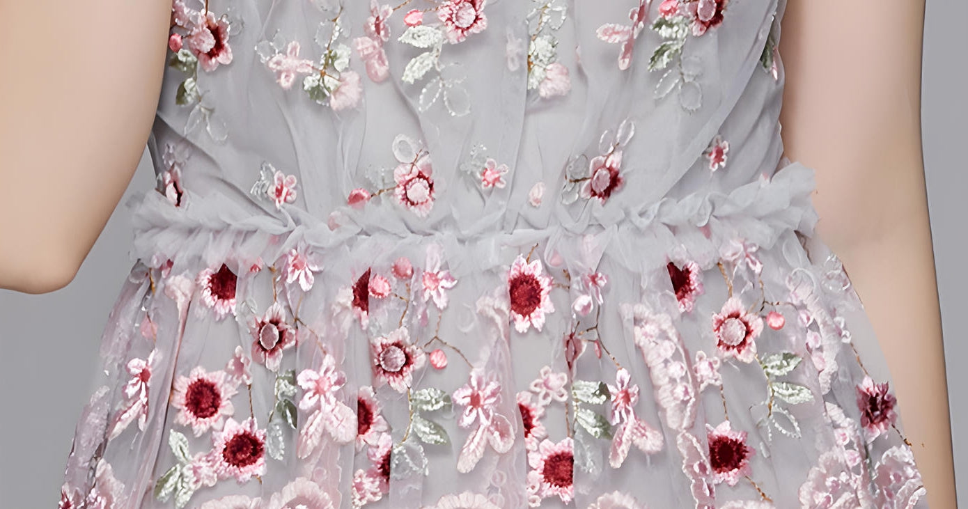 Embroidered Mesh Multitier Ruffled Skirt High Neck Long Grey Blue Dres - 700942841038_BAS