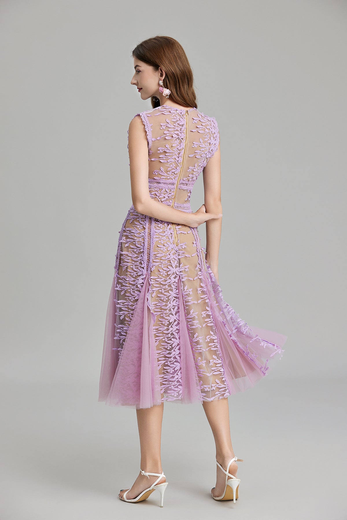 Lavender Mist Lace Flocked Midi Dress with Nude Lining - 823734853765_PUR