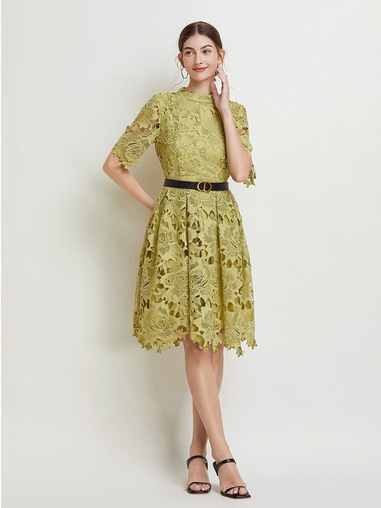 French Lace high Neck Short Dress With Belt - 812368811391_GRE