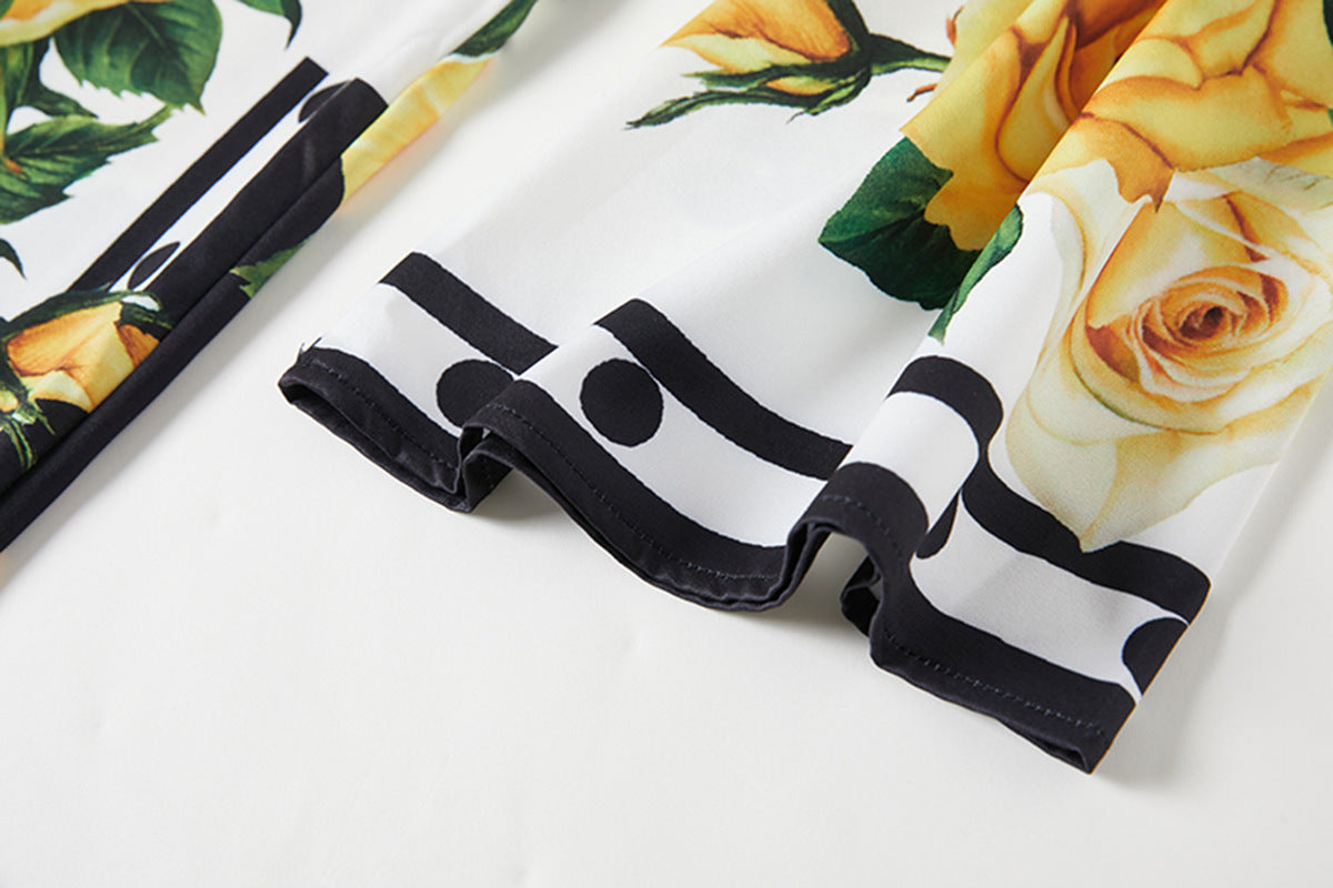 Golden Bloom Kaftan Black Dress with Vibrant Yellow Rose Floral Pattern - 818939592219_BLA