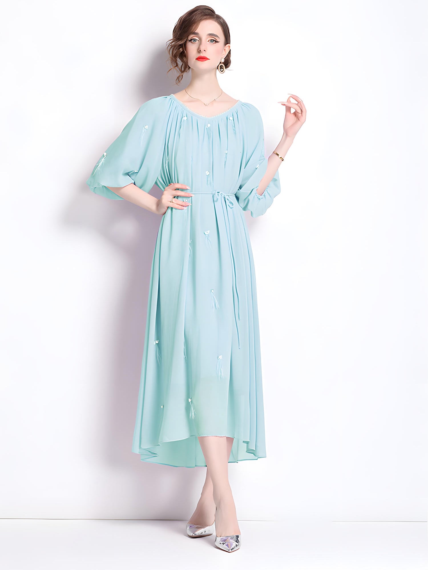 Tassel and Jewel Embellished Lake Blue Chiffon Dress - 808431656493_GRE