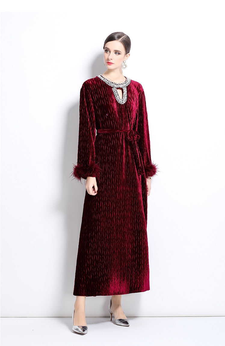 Diamond Embellished Heat Set Self Texture Velvet Dress - 855961209321_CLARET