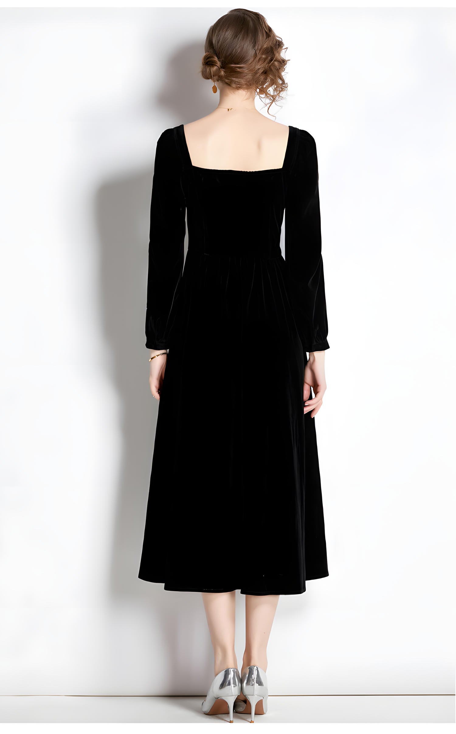 French Retro Sweetheart Neckline Corset Top Full Sleeves Pleated Skirt Velvet Black Dress - 687113837683_BLA