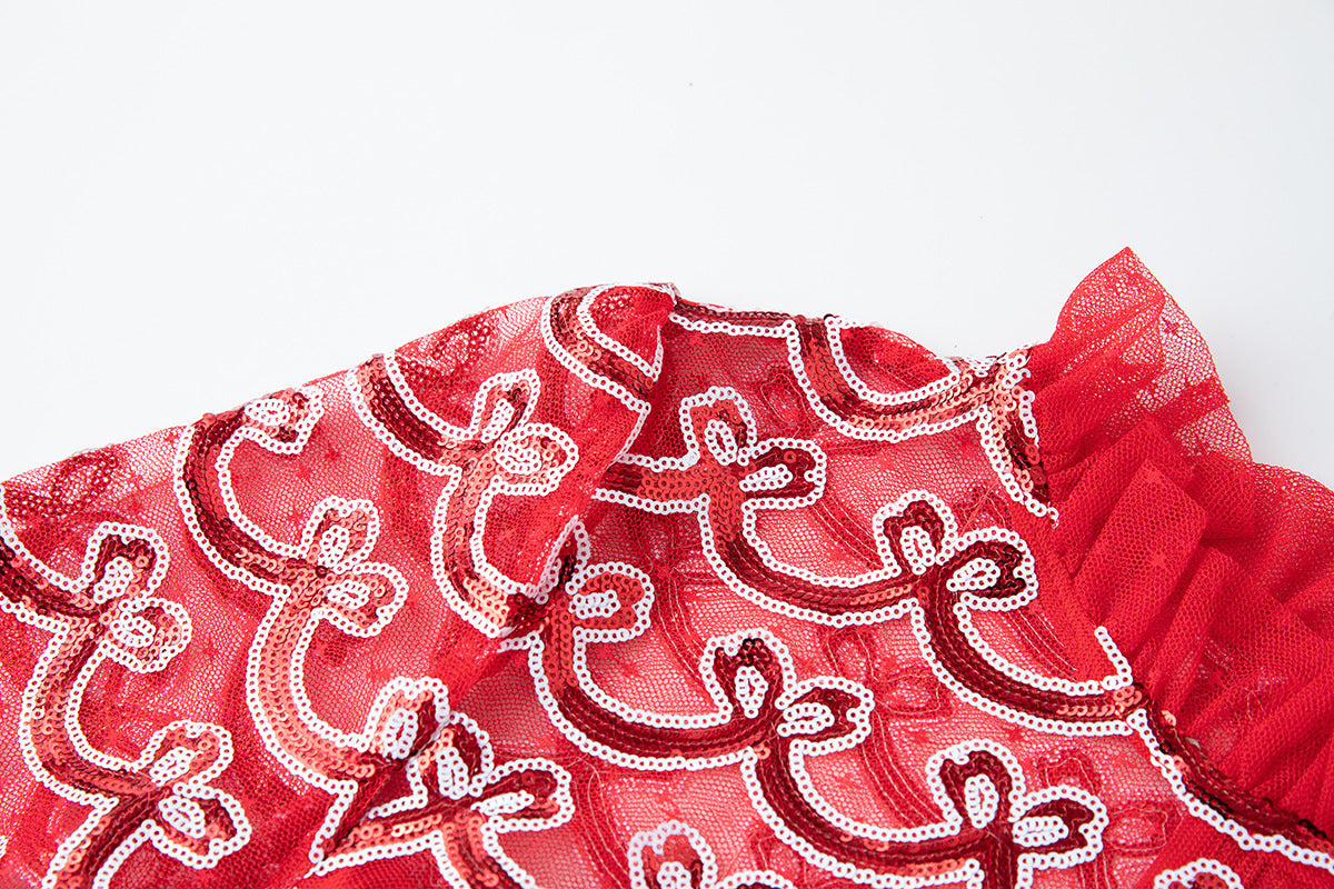 Crimson Symphony Mesh and Sequin Dress - 852089082902_RED