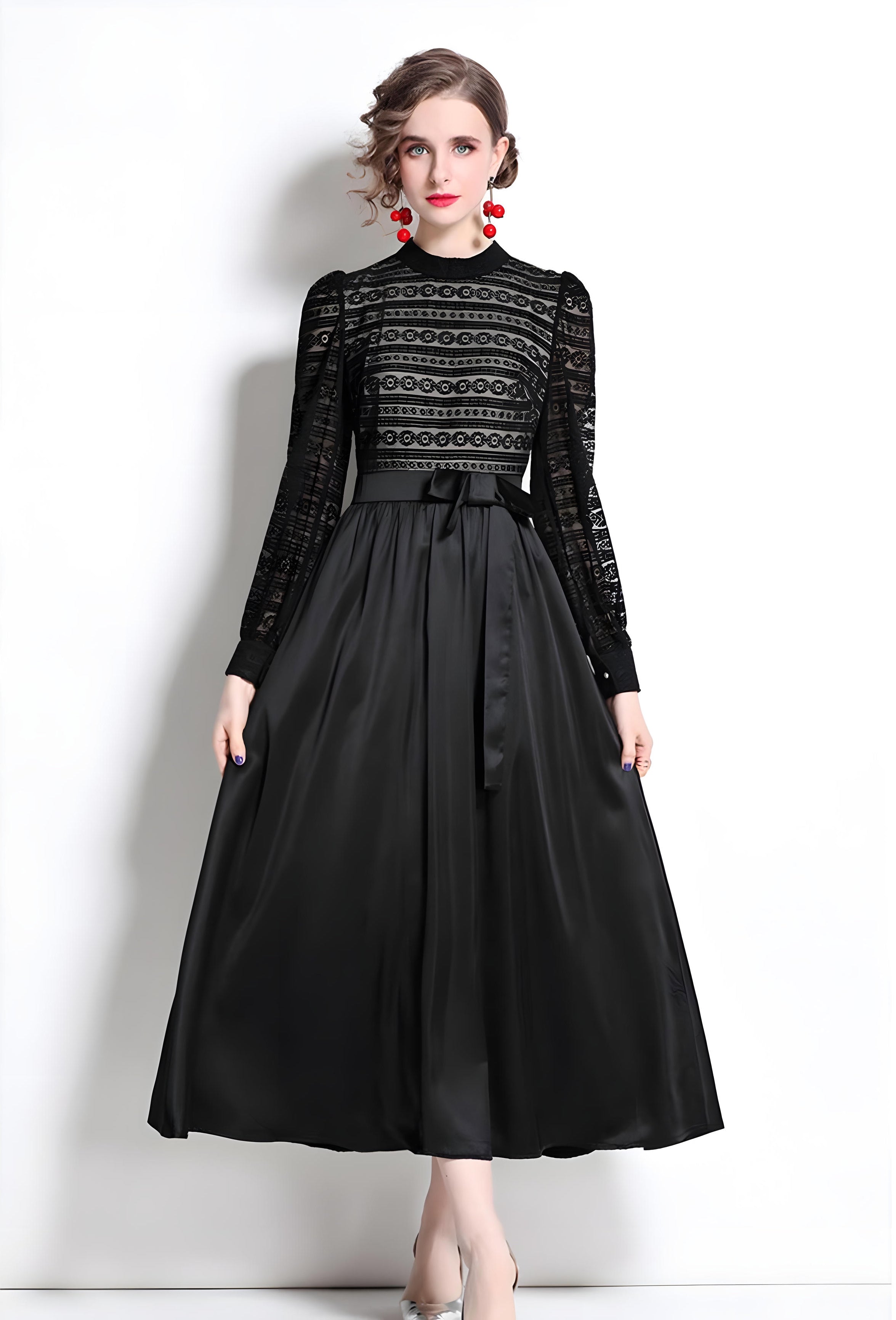 French Lace Nude Lining Vest Black Dress With Satin Skirt - 668632162100_BAS