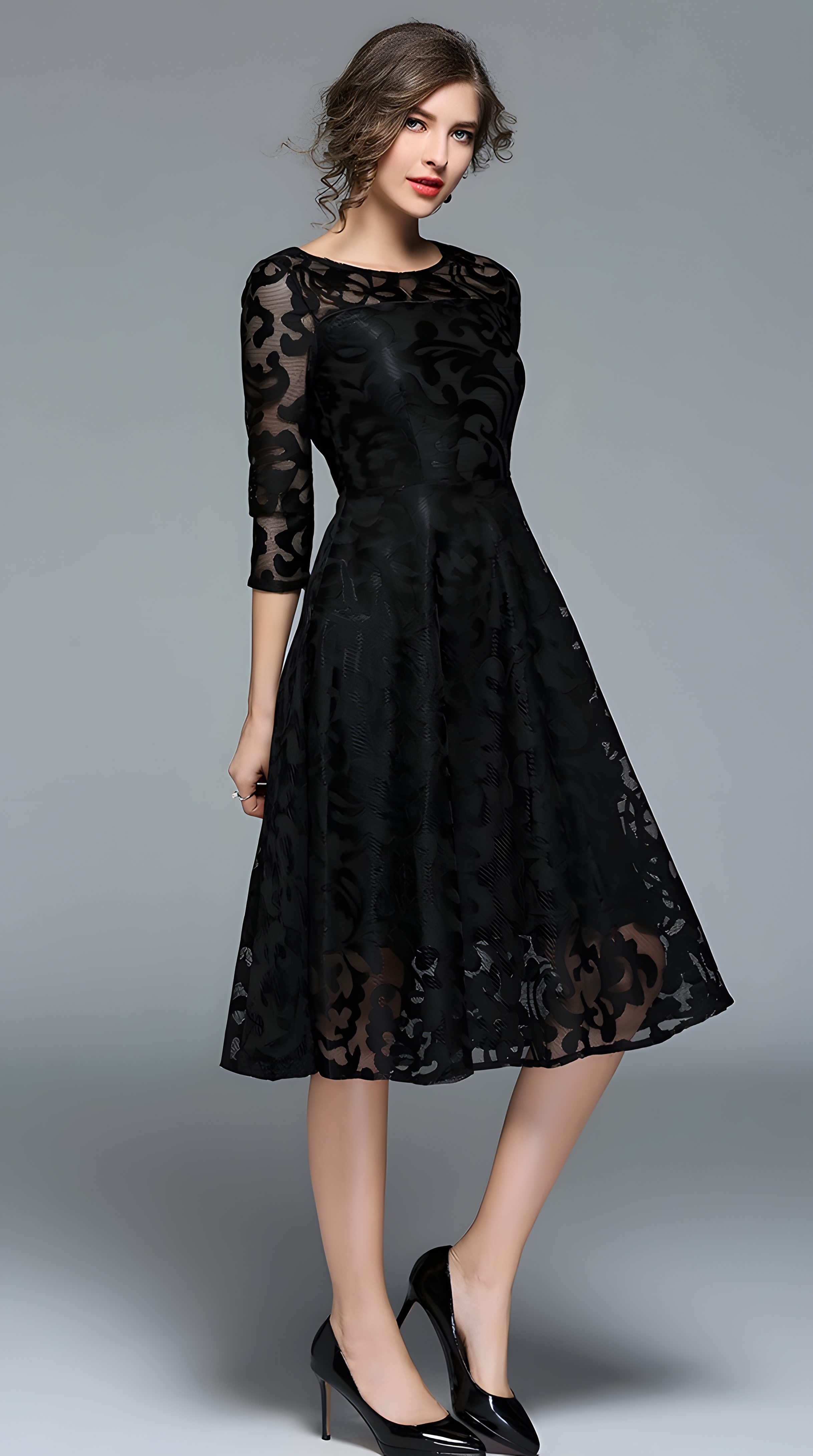 Lace Flocking Boat Neck Fitted Vest Large Hem Skirt Dress - 607715875502_BLACK