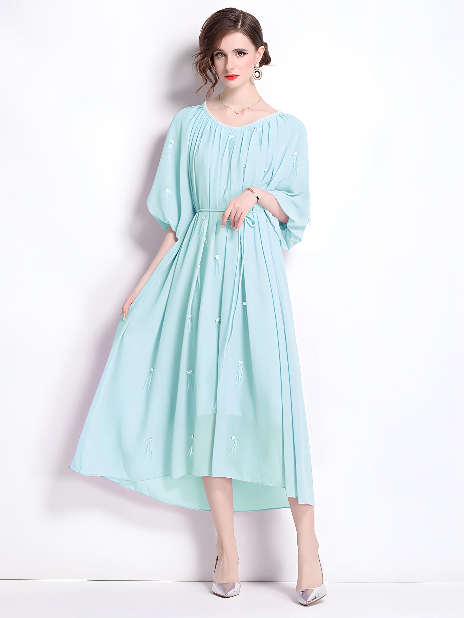 Tassel and Jewel Embellished Lake Blue Chiffon Dress - 808431656493_GRE