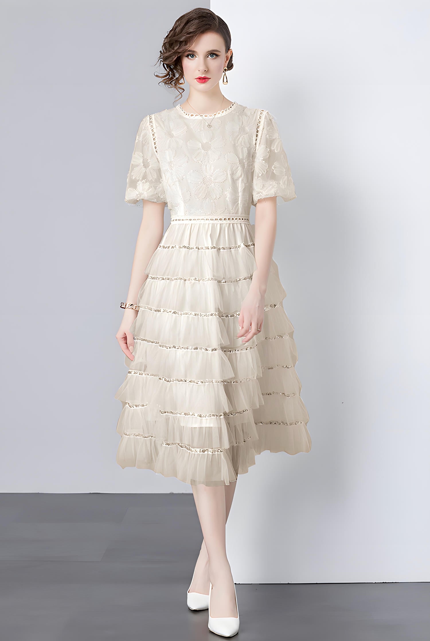 Multilayer Sequinned Mesh Skirt Flower Embroidered Vest Dress - 787365833312_BEI (EOSS)